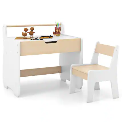 Front. Costway - Costway 3 In 1 Kids Wood Table and Chair Set with Detachable Tabletop Hidden Storage Paper - White.