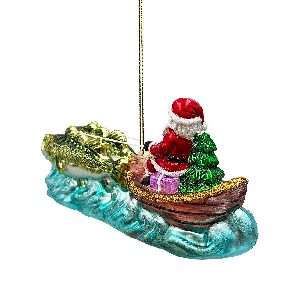 Alt View 1. OrnamentallyYou - Santas Fishing Adventure Glass Christmas Ornament Holiday Angler Fish in Sleigh - Multi-colored.