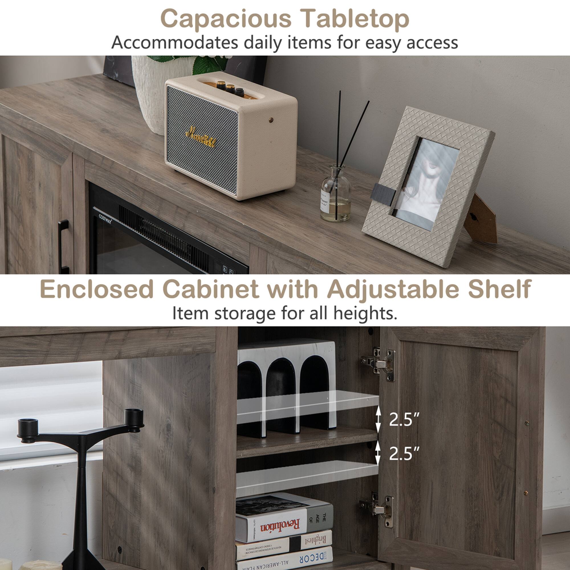 Capacious Tabletop  
Accommodates daily items for easy access  

Enclosed Cabinet with Adjustable Shelf  
Item storage for all heights.  

2.5"  
2.5"  

Brightest EDECOR POCEE ENY2X3WY-119
