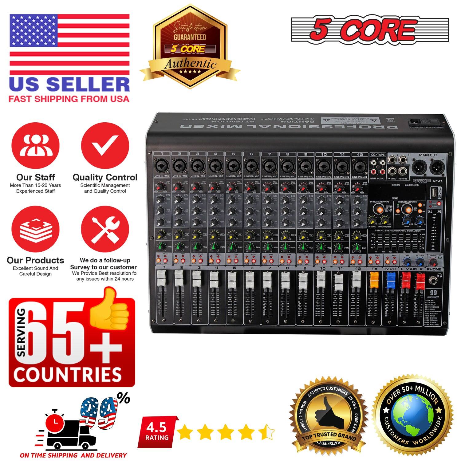 5 CORE Audio Mixer 12 Channel DJ Soundboard USB Interface