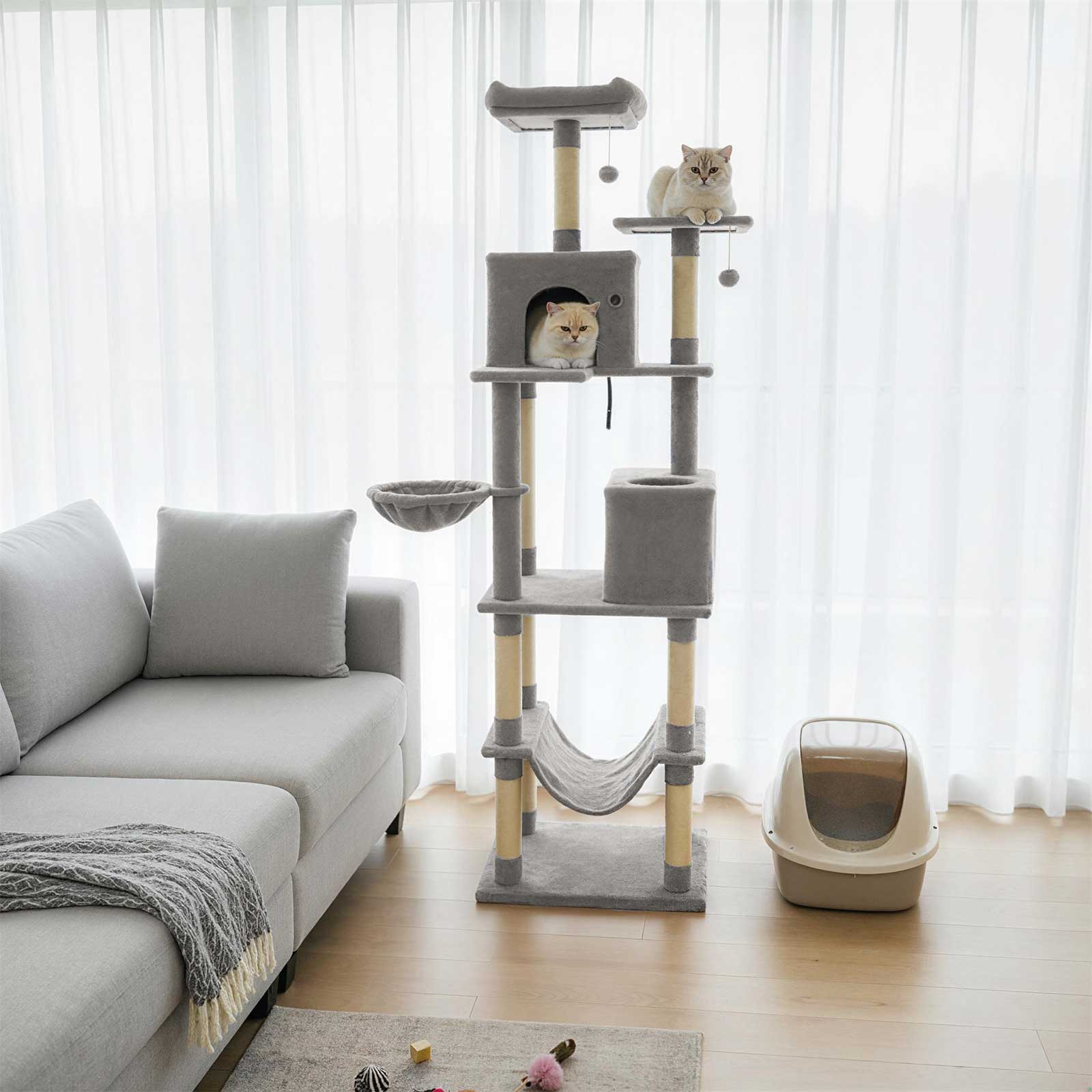 Alt View 3. Gymax - Gymax 80'' Tall Cat Tree w/2 Condos Sisal Scratching Posts Plush Perch Hammock Basket Light Gray.