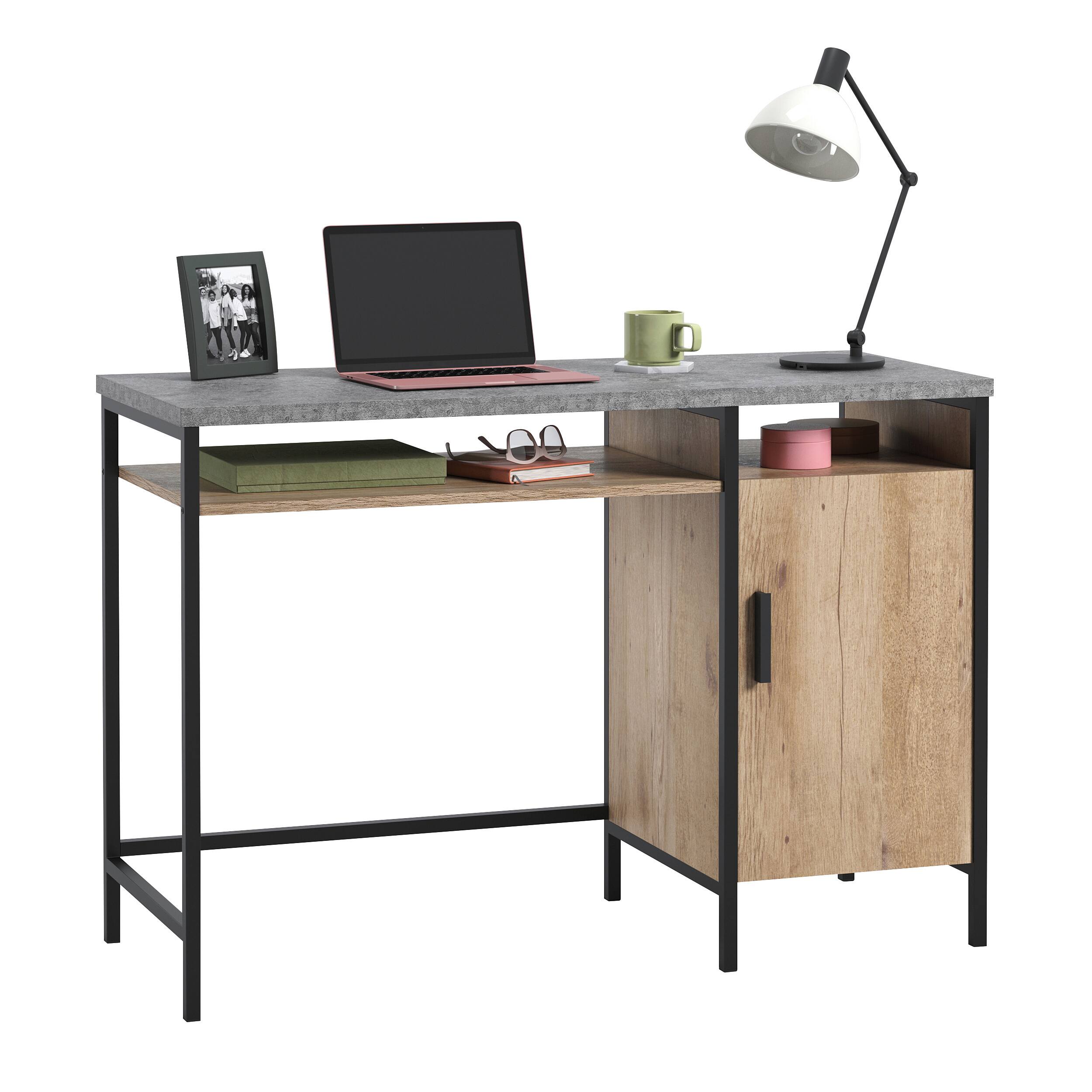 Angle. Spaco - Compact Oak Computer Desk, Adjustable Shelf and Hidden Cubby, Metal Frame - Brown.