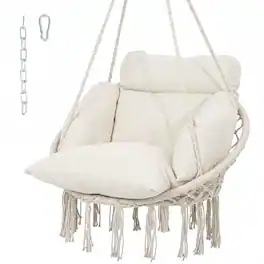 Outsunny - Swing Chair, Macrame Hanging Chair with Large Cushion, Chain, Steel Frame for Indoor Outdoor Use - Cream White