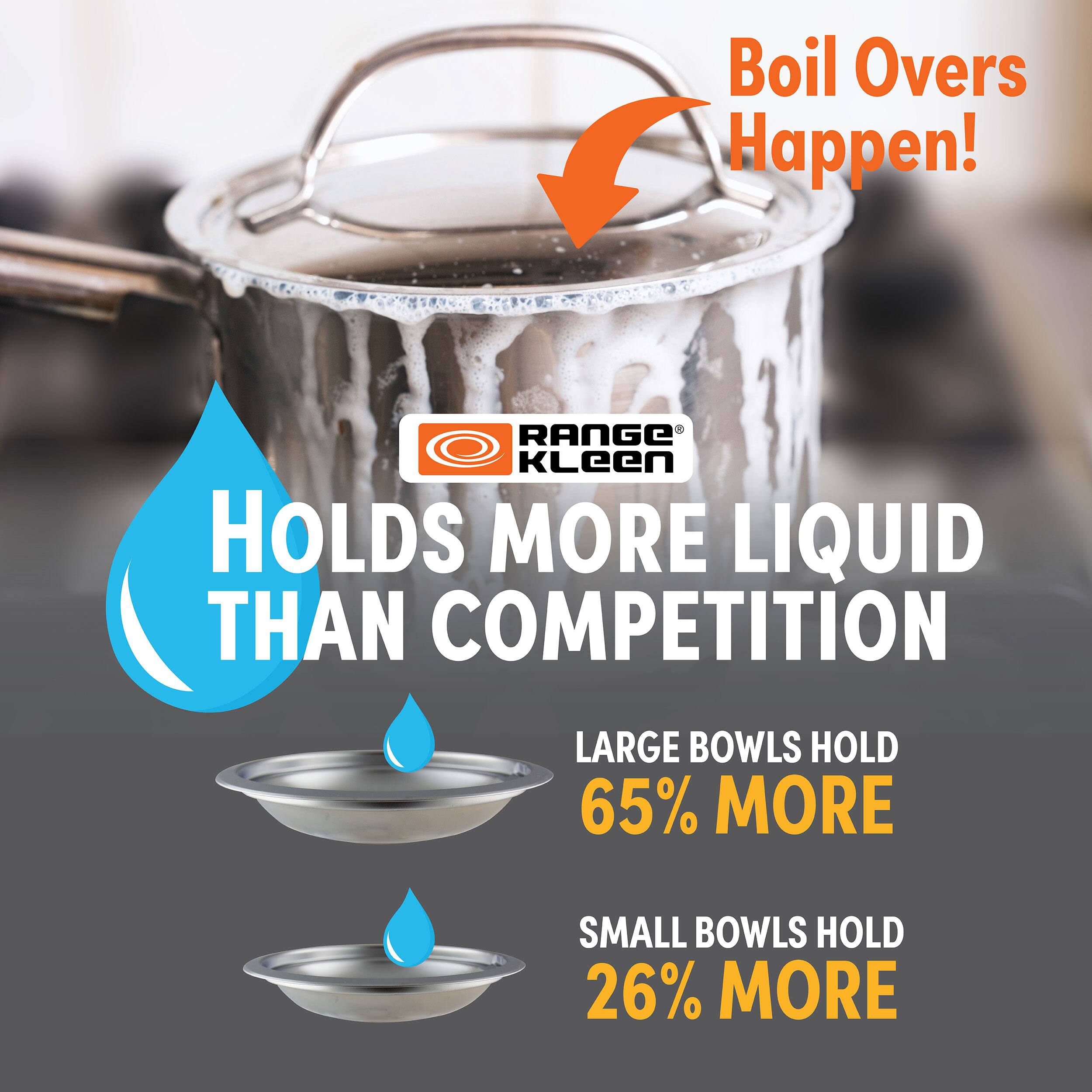 Boil Overs Happen!

RANGE KLeen

HOLDS MORE LIQUID THAN COMPETITION

LARGE BOWLS HOLD 65% MORE

SMALL BOWLS HOLD 26% MORE