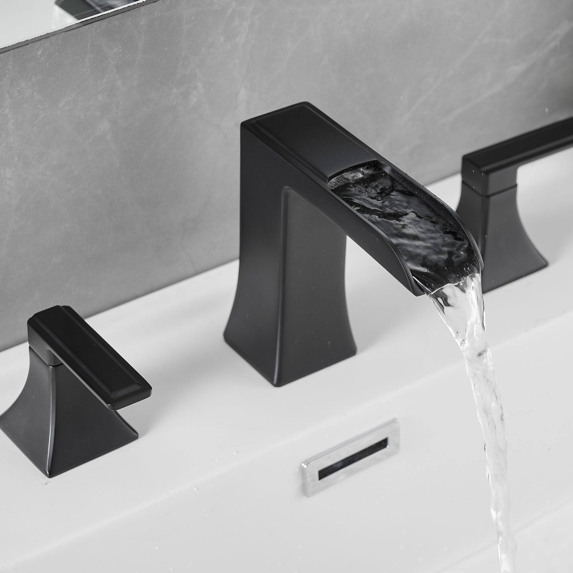 Angle. Boyel Living - Modern 8 Inch Widespread Double Handle Brass Bathroom Faucet with Pop Up Drain and Water Supply Hoses in Matte Black - Matte Black.