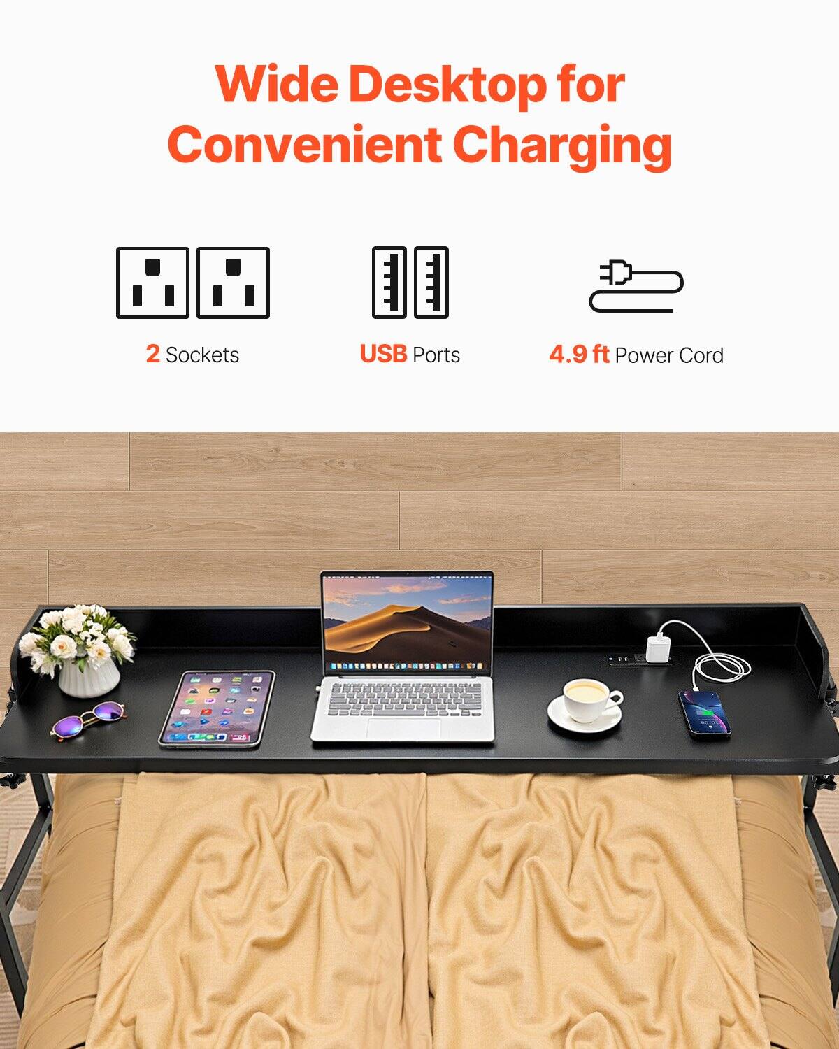 Wide Desktop for Convenient Charging

- 2 Sockets
- USB Ports
- 4.9 ft Power Cord