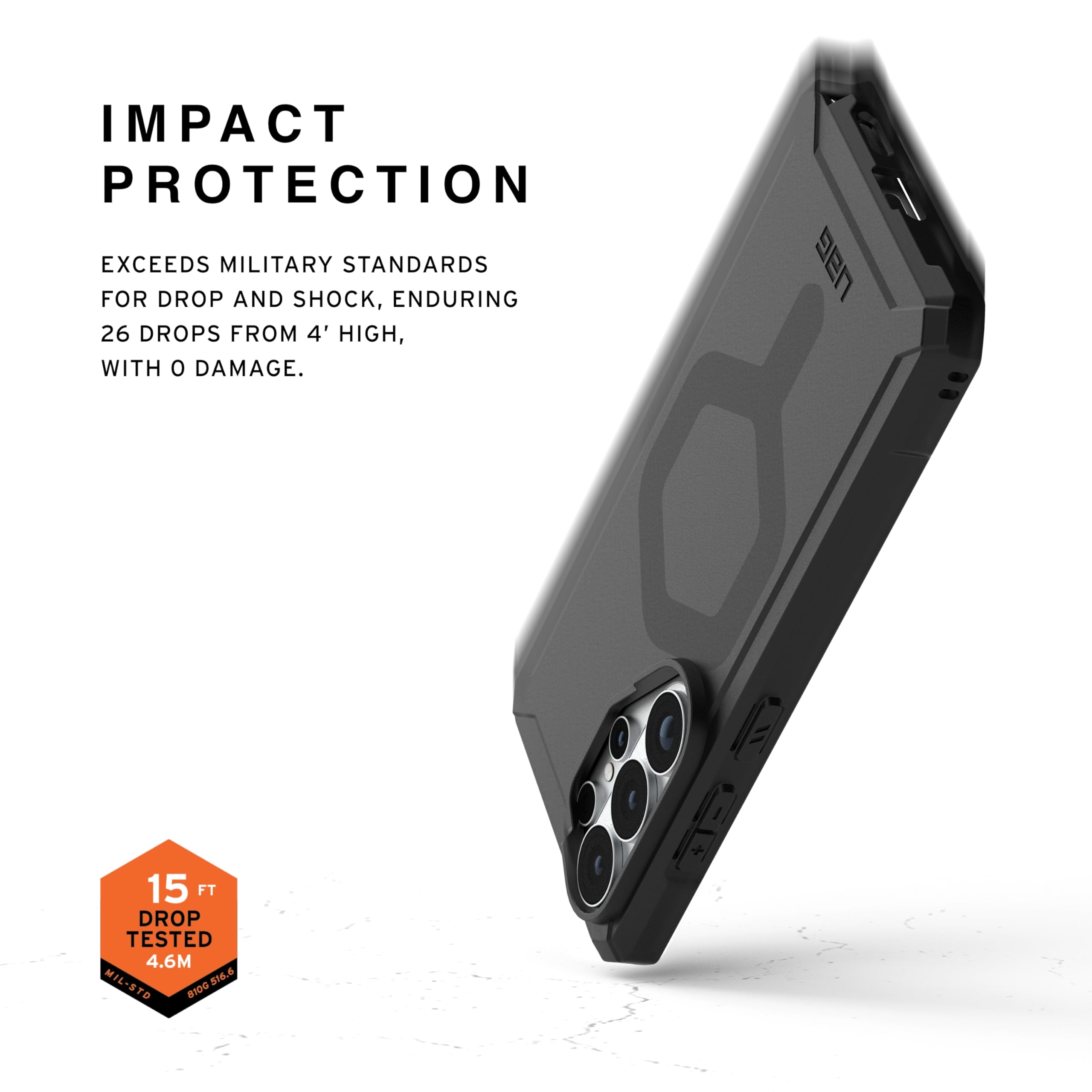 IMPACT PROTECTION

EXCEEDS MILITARY STANDARDS FOR DROP AND SHOCK, ENDURING 26 DROPS FROM 4' HIGH, WITH 0 DAMAGE.

15 FT DROP TESTED 4.6M MIL-STD 810G
