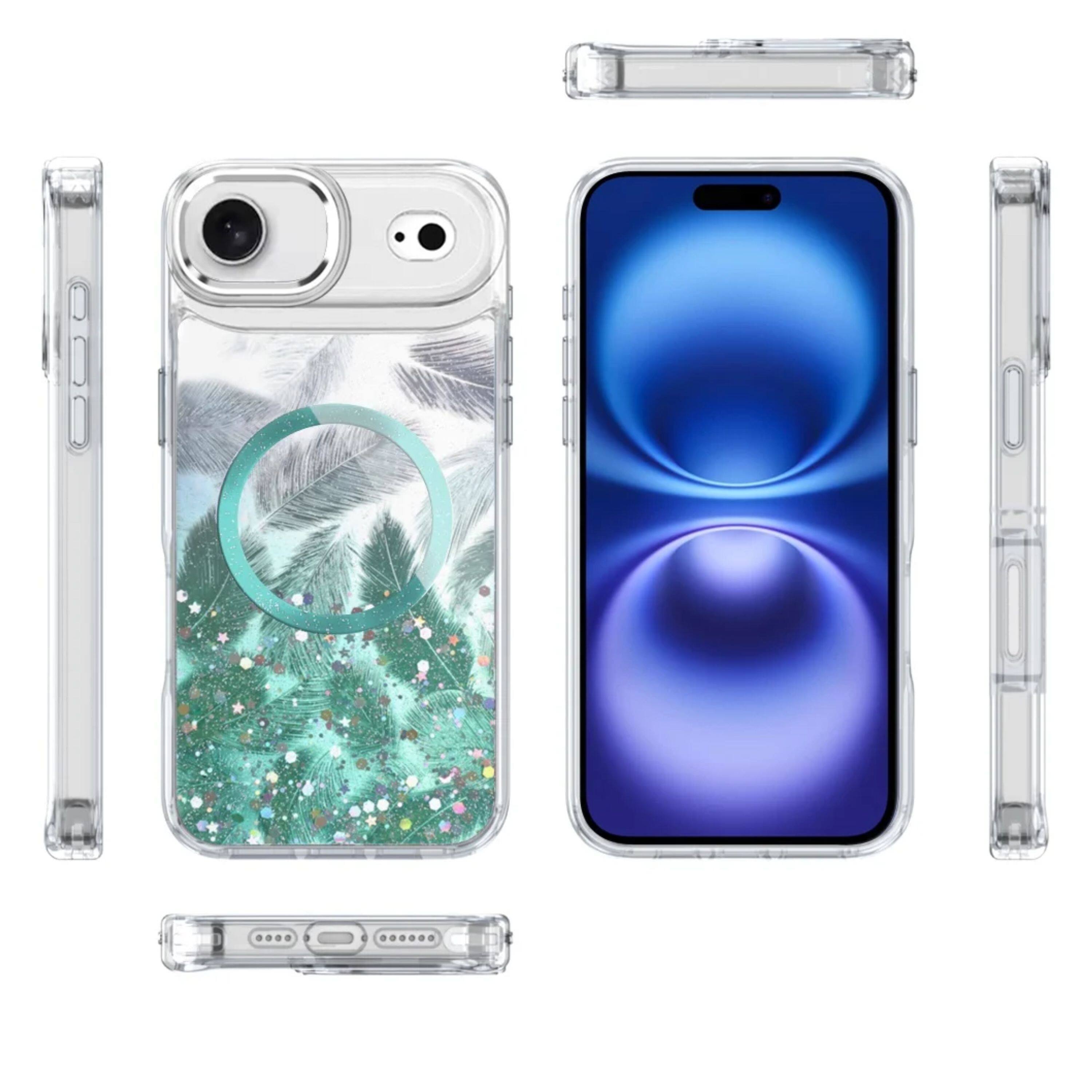 Angle. Kitcheniva - Epoxy Feathers Glitter Design Phone Case With Magnetic Circle Tempered Glass For iPhone Air Light Green - Light Green.