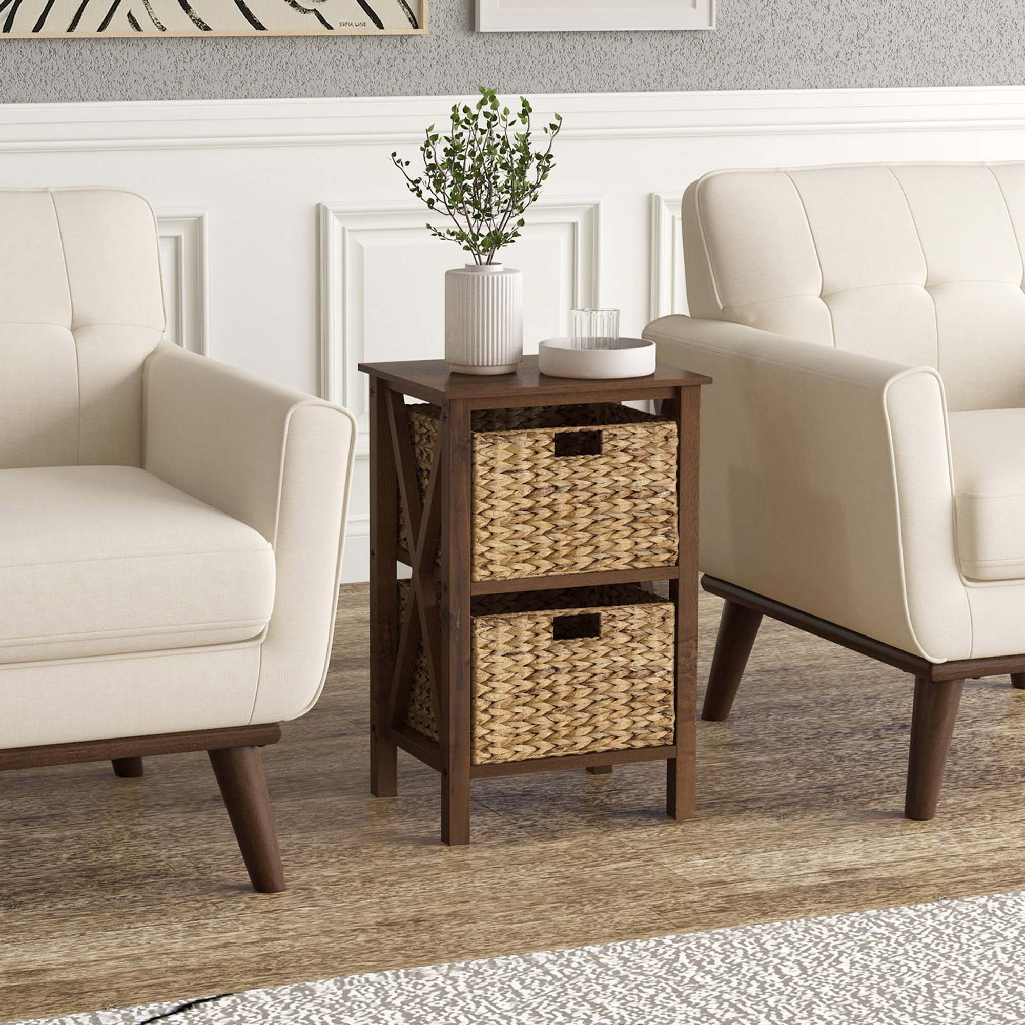 Alt View 14. Costway - 2 PCS 2-Tier Nightstand with 2 Seagrass Baskets Rubber Wood X-Shaped Frames 2 Drawers - Walnut/Natural.