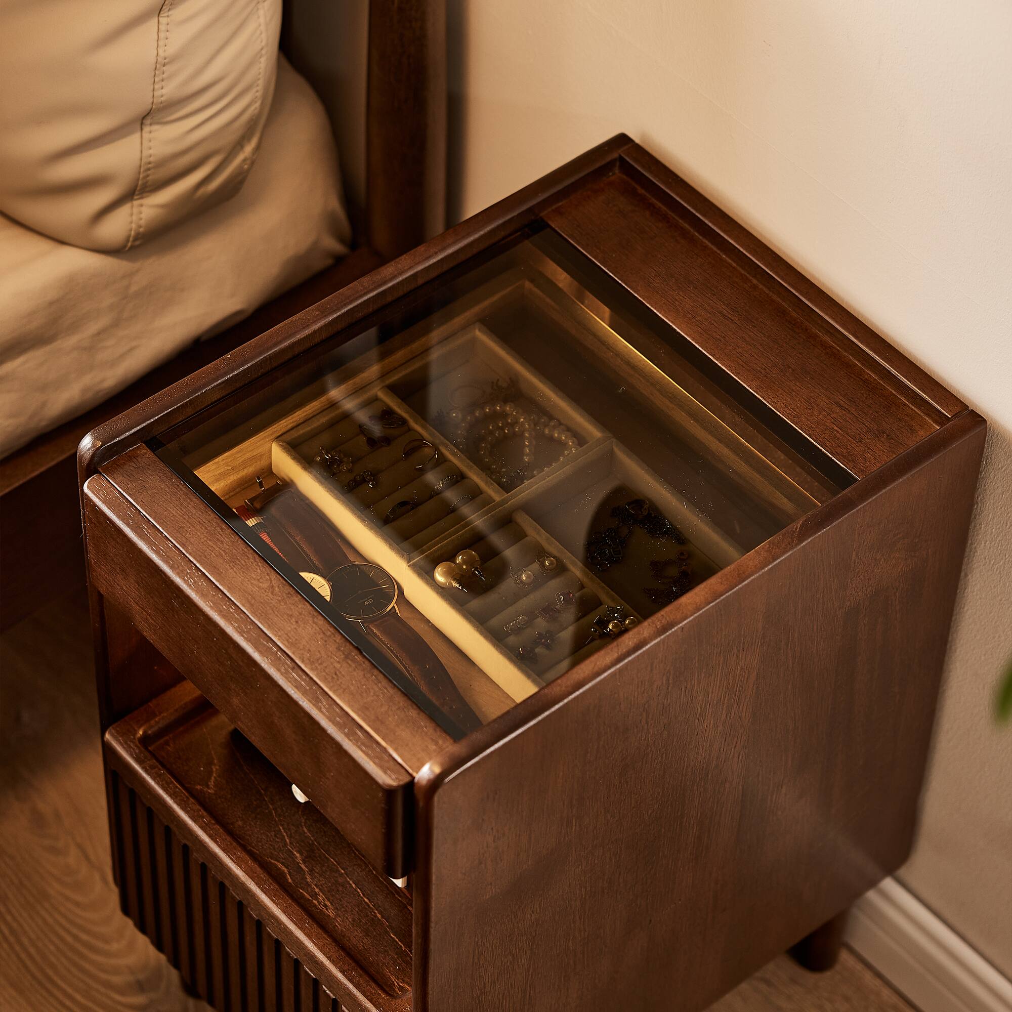 Alt View 1. Whisen - Narrow Bedside Nightstand with Drawer and Open Storage Shelf for Bedroom and Living Room - Walnut.