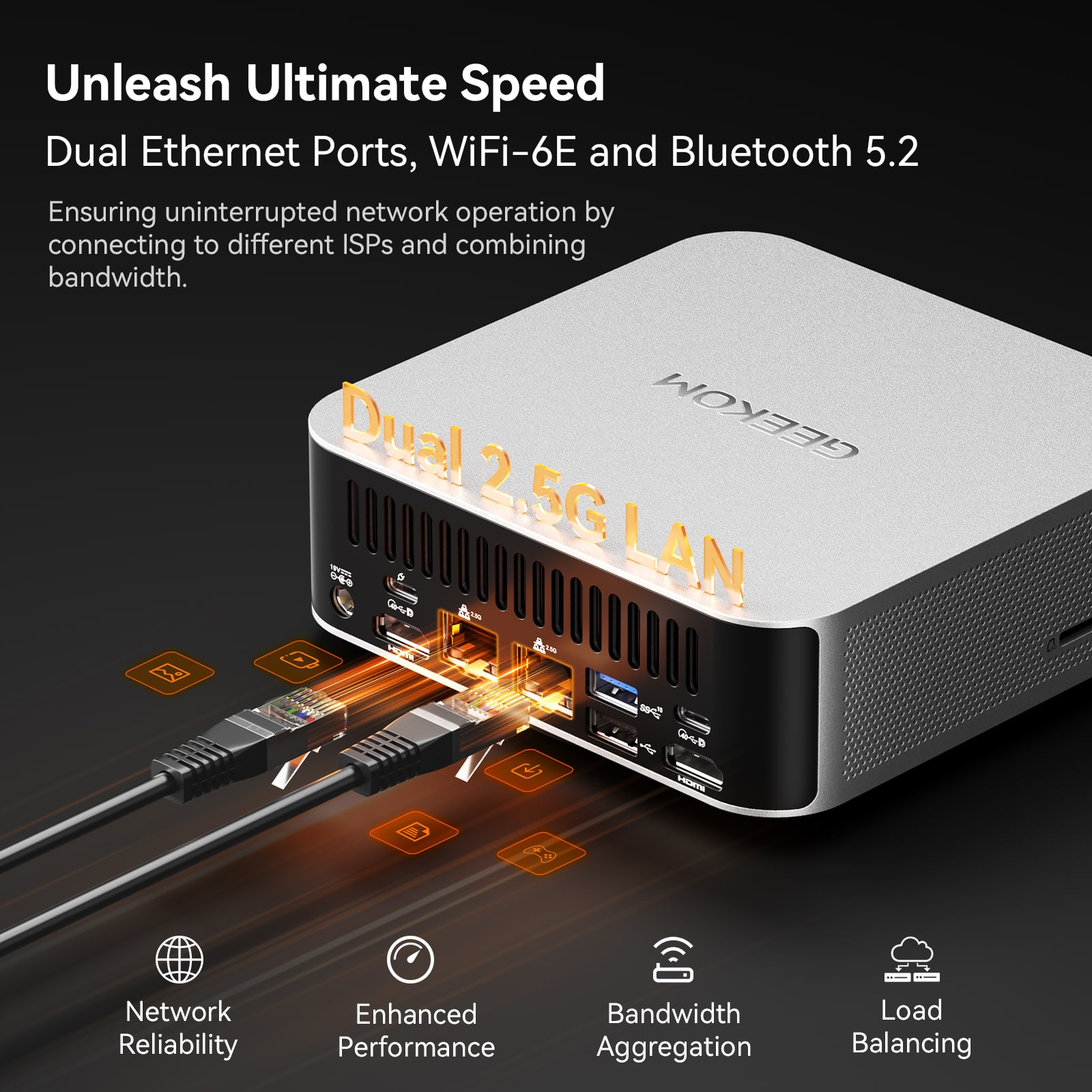 Unleash Ultimate Speed
Dual Ethernet Ports, WiFi-6E and Bluetooth 5.2
Ensuring uninterrupted network operation by connecting to different ISPs and combining bandwidth.
Dual 2.5G LAN
Network Reliability
Enhanced Performance
Bandwidth Aggregation
Load Balancing