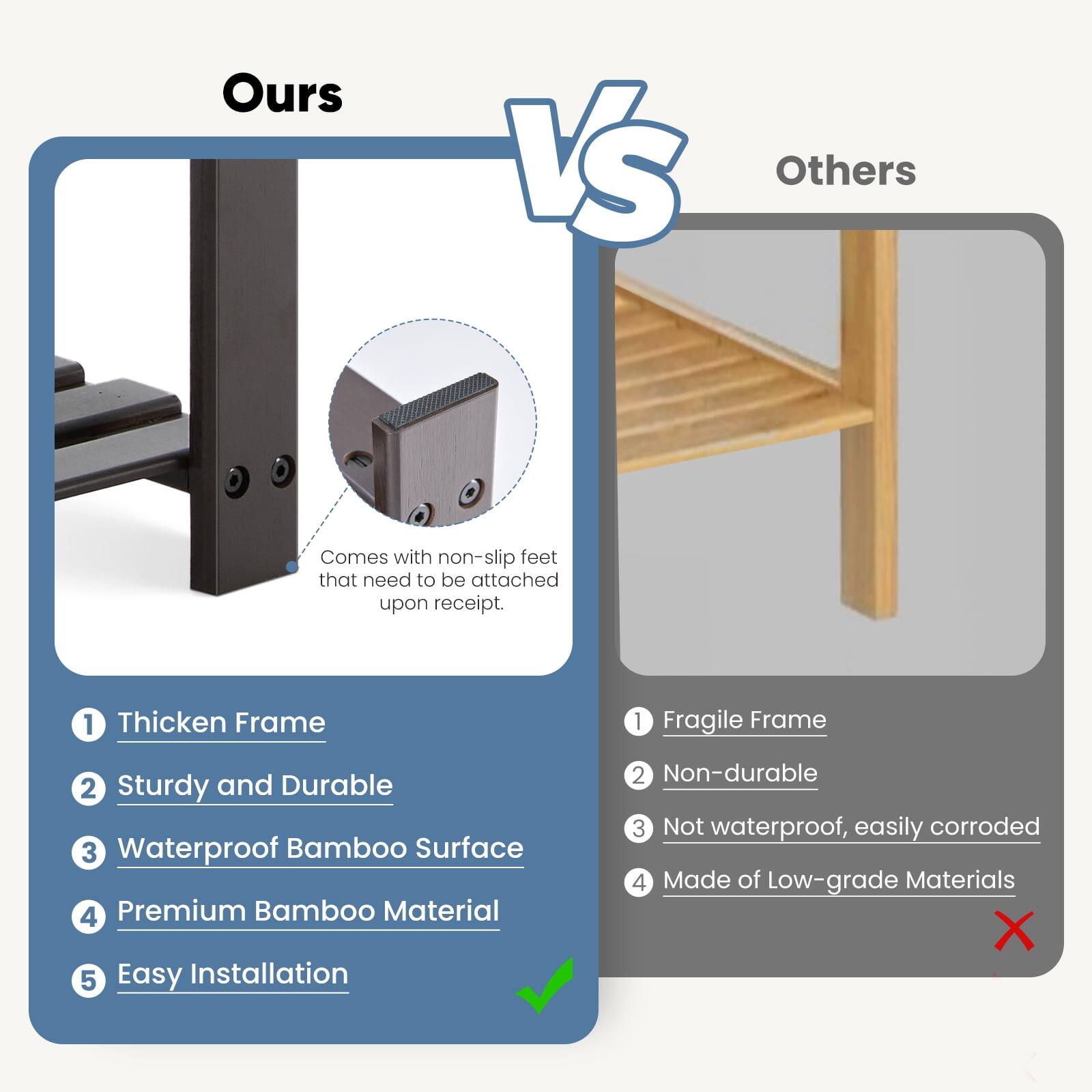 Ours V'S Others

Comes with non-slip feet that need to be attached upon receipt.

1. Thickened Frame
2. Sturdy and Durable
3. Waterproof Bamboo Surface
4. Premium Bamboo Material
5. Easy Installation

1. Fragile Frame
2. Non-durable
3. Not waterproof, easily corroded
4. Made of Low-grade Materials