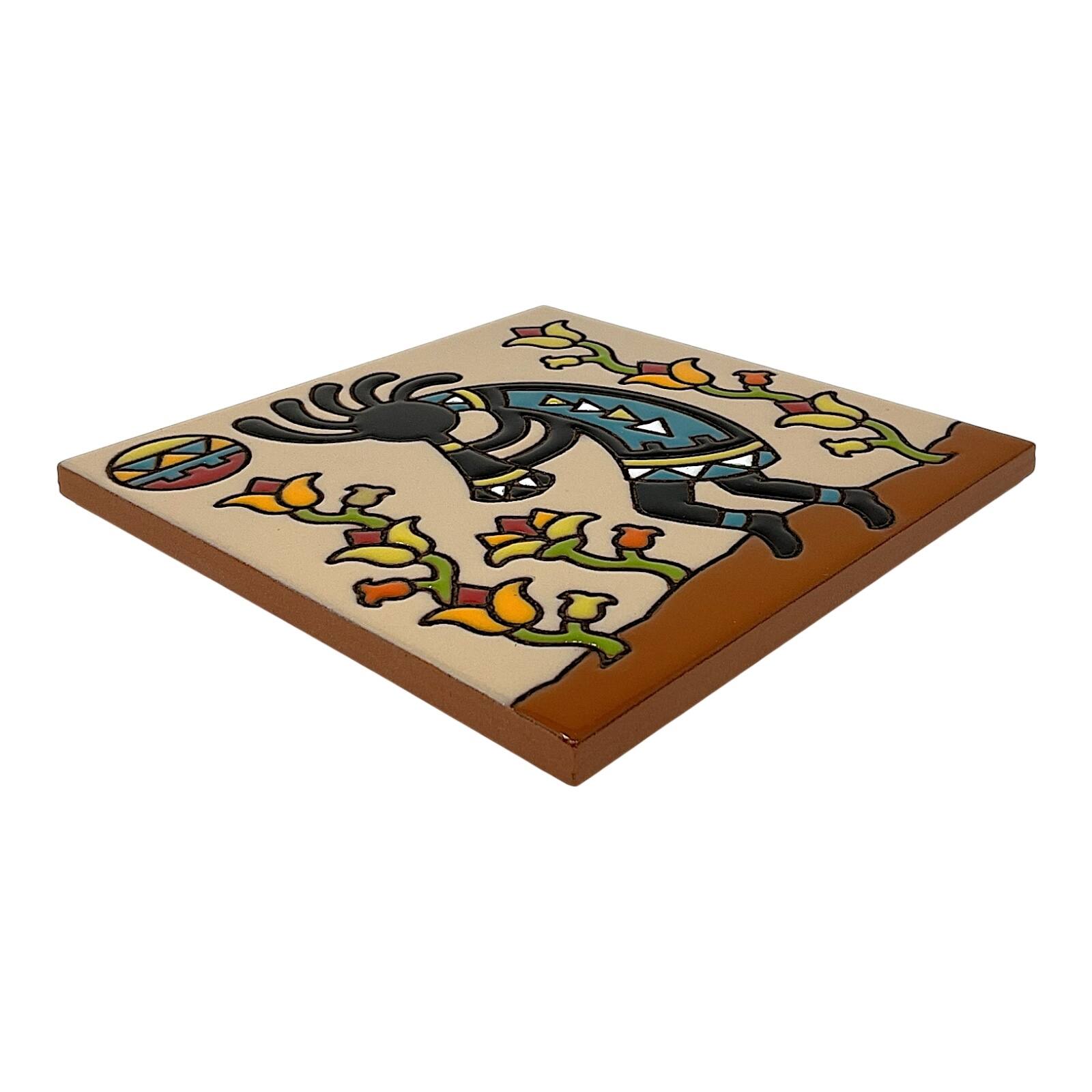 Left. Earthtones Tile - Earthtones Kokopelli Flower Charmer 6X6 Hand Glazed Southwestern Decorative Tile or Kitchen Trivet - Multicolor.