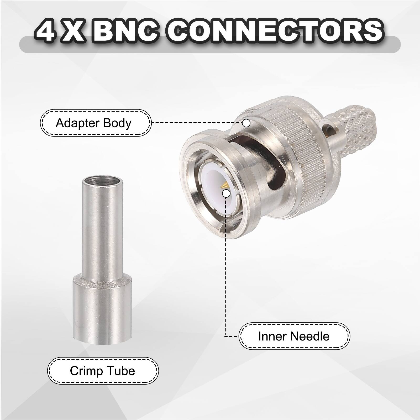 4 X BNC CONNECTORS

- Adapter Body
- Inner Needle
- Crimp Tube