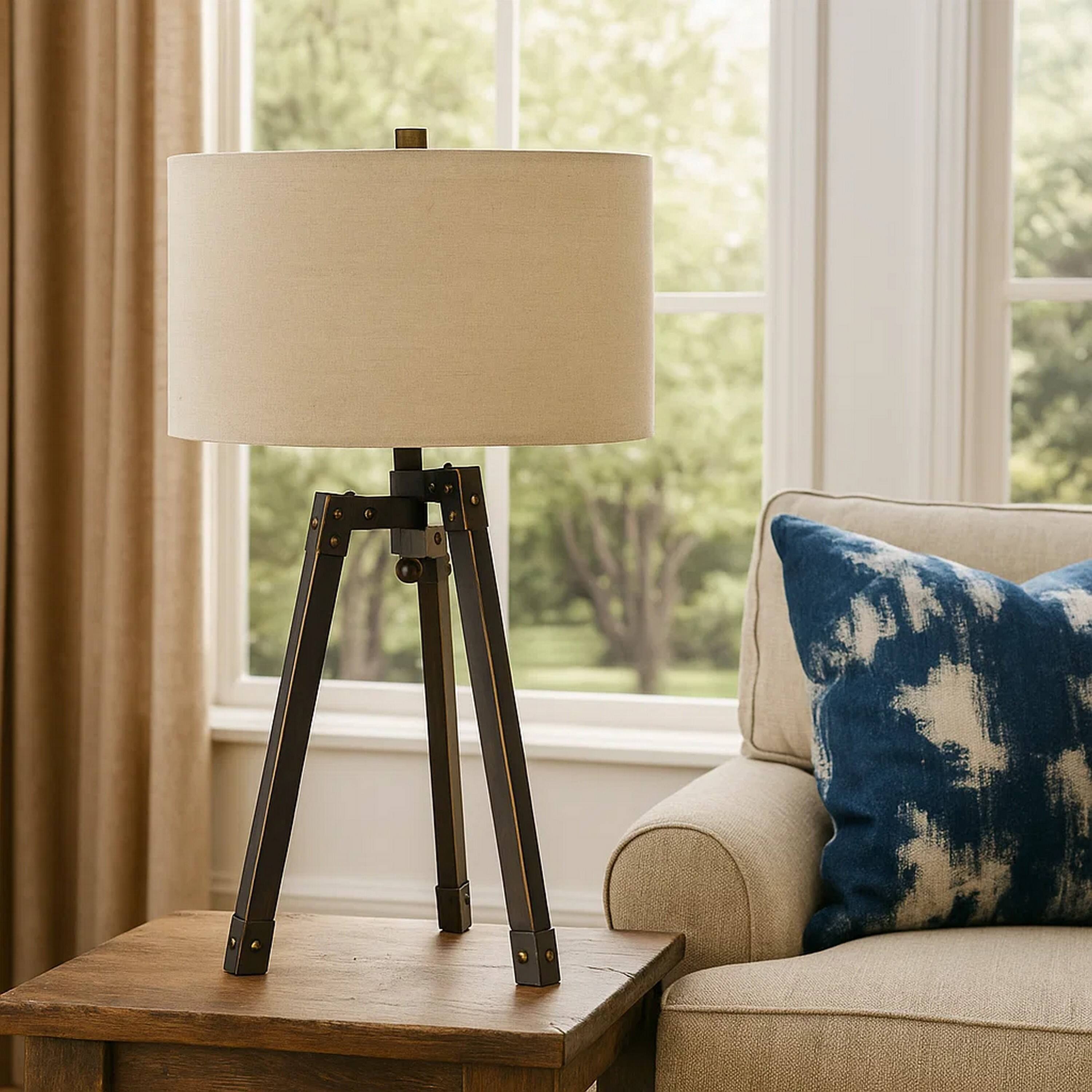 Alt View 3. Manhattan Lane - Metal Tripod Base Table Lamp with Fabric Drum Shade - Bronze and Beige.