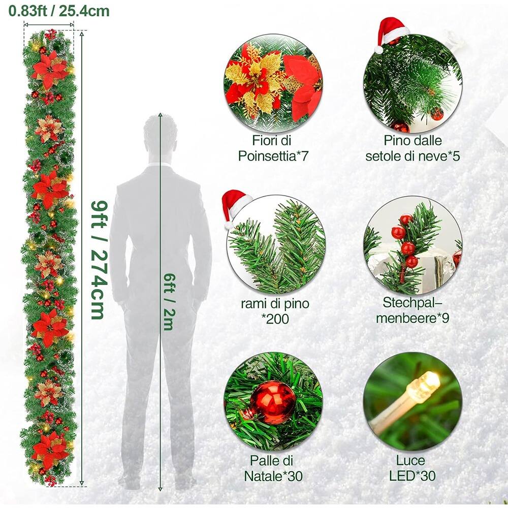 0.83ft / 25.4cm  
9ft / 274cm  
6ft / 2m  

- Fiori di Poinsettia*7  
- Pino dalle setole di neve*5  
- rami di pino*200  
- Stechpal-menbeere*9  
- Palle di Natale*30  
- Luce LED*30