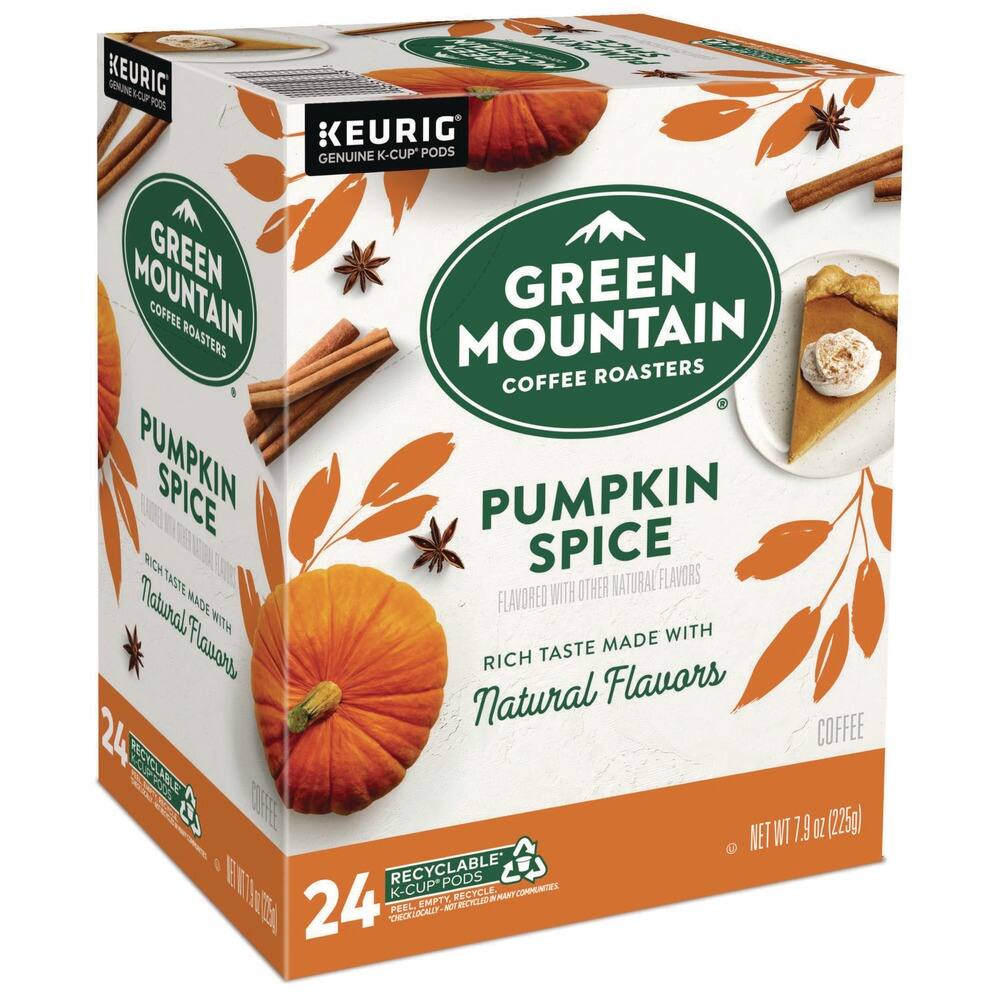KEURIG GENUINE K-CUP PODS  
GREEN MOUNTAIN COFFEE ROASTERS  
PUMPKIN SPICE  
FLAVORED WITH OTHER NATURAL FLAVORS  
RICH TASTE MADE WITH NATURAL FLAVORS  
24 K-CUP PODS  
NET WT 7.9 OZ (225g)  
RECYCLABLE K-CUP PODS  
KEURIG