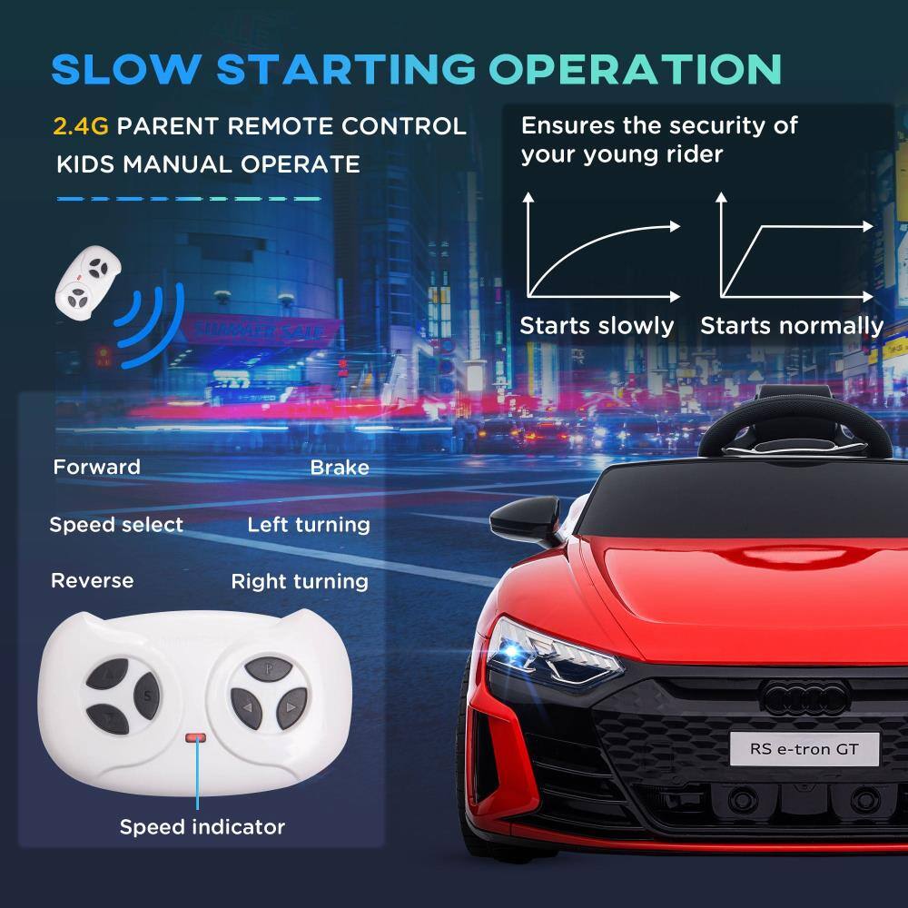 SLOW STARTING OPERATION

2.4G PARENT REMOTE CONTROL
KIDS MANUAL OPERATE

Ensures the security of your young rider

Starts slowly
Starts normally

Forward
Brake
Speed select
Left turning
Reverse
Right turning

Speed indicator

RS e-tron GT