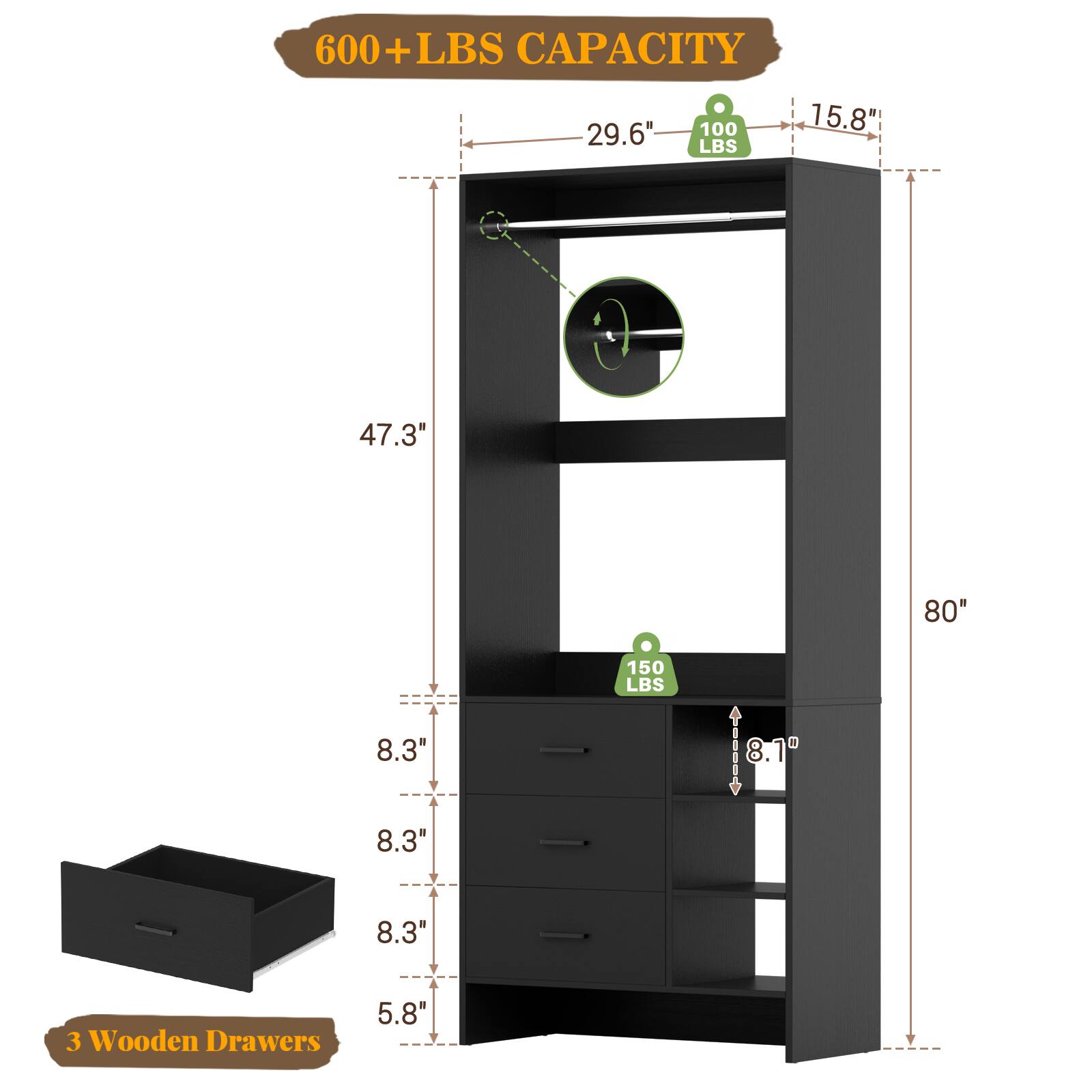 600+ LBS CAPACITY

- 29.6" (100 LBS)
- 15.8"
- 47.3"
- 80"
- 8.3"
- 8.3"
- 8.3"
- 5.8"

3 Wooden Drawers

- 8.1" (150 LBS)