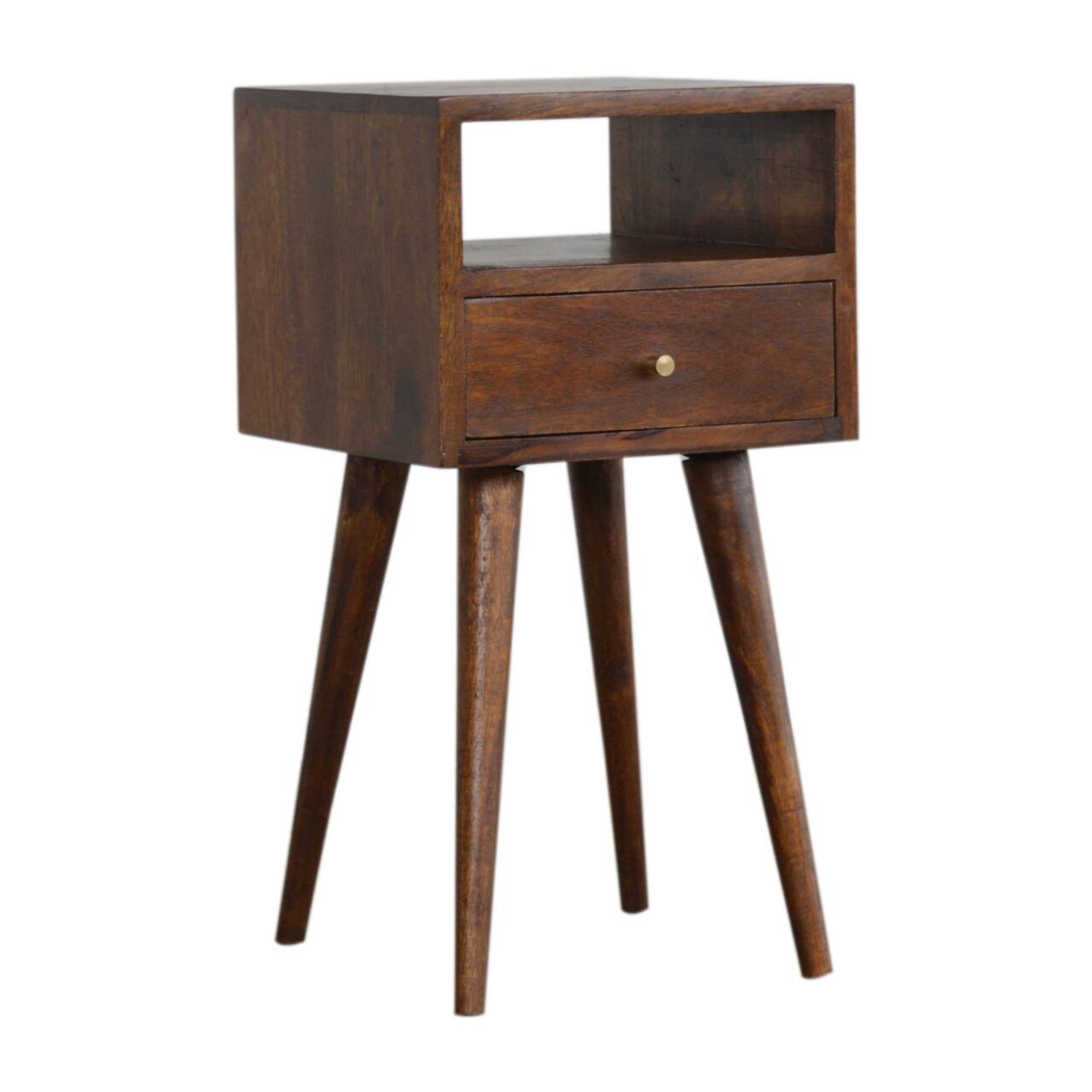 Left. Artisan Furniture - Artisan Furniture Solid Wood Mini Chestnut Nightstand, 1 drawer, 1 Open Slot, Nordic legs, Dark Brown - Chestnut.