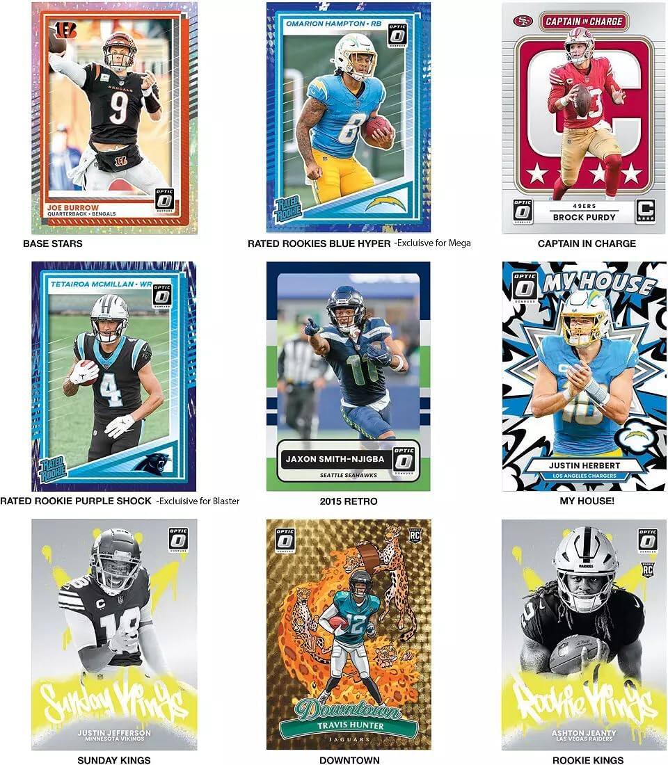 1F6 RANCAS 9 JE JOE BURROW QUARTERBACK BENGALE D OMARION HAMPTON RB P 6 RATER ROKE OPPIE CAPTAIN IN CHARGE C SPTVE SDERS , BROCK PURDY BASE STARS RATED ROOKIES BLUE HYPER -Excluisive for Mega CAPTAIN IN CHARGE TETAIROA MCMILLAN WR T , OPTIC , MY MYHOUSE B0100 4 RATED ROOKE ETIE JAXON SMITH-NJIGBA , SEAF TTEE SLAMA WES JUSTIN HERBERT LOS ANGELES CRARERS RATED ROOKIE PURPLE SHOCK -Excluisive for Blaster 2015 RETRO MY HOUSE! SPTR EPTI RC STI RC Sunday Vins JUSTIN JEFFERSON MINNESOTA VIKINGS SUNDAY KINGS 2 Downtown TRAVIS HUNTER JAGUARE DOWNTOWN Ruko YinD ASHTON JLANTY LAS VEGAS RAIERS ROOKIE KINGS