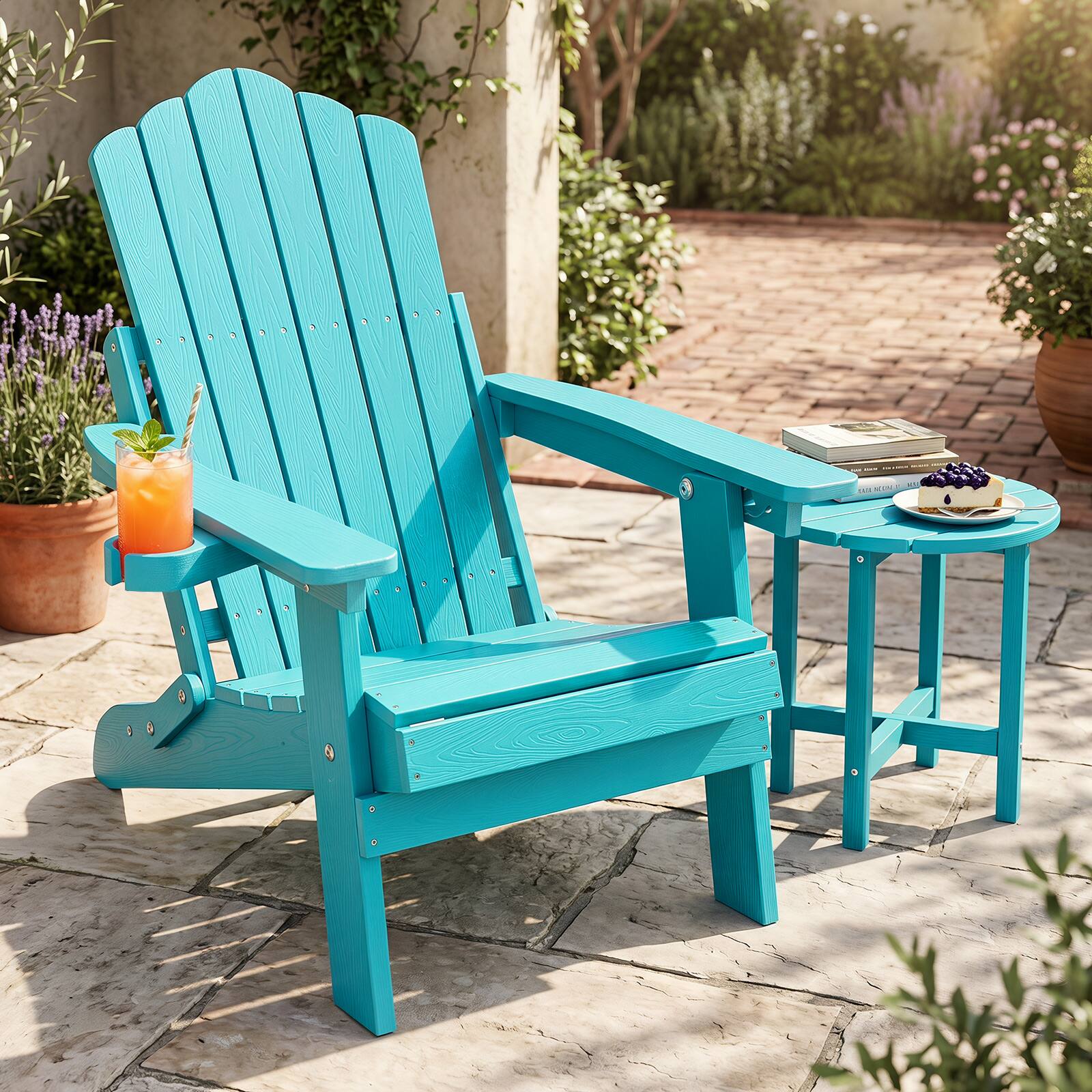 Alt View 1. Gymax - Gymax Folding Adirondack Chair w/5-Level Backrest Wooden Textured for Lawn Poolside Turquoise - Green.