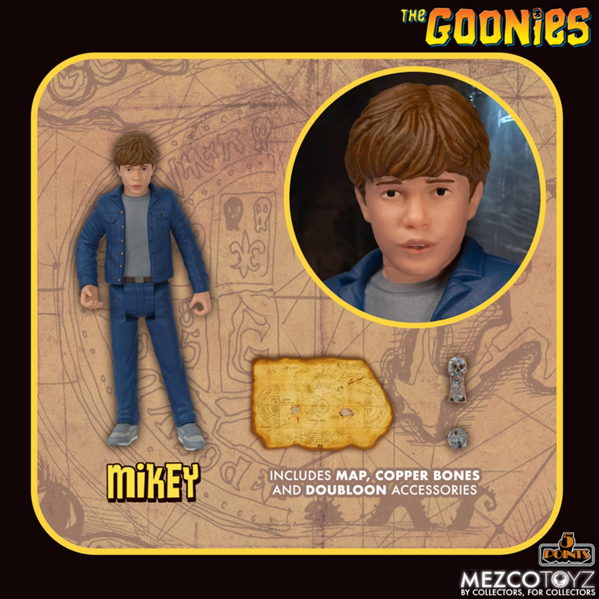 The Goonies C Mikey M includes a doubloon map, copper accessories, bones, and coins. MezcoToyz by collectors, for collectors.