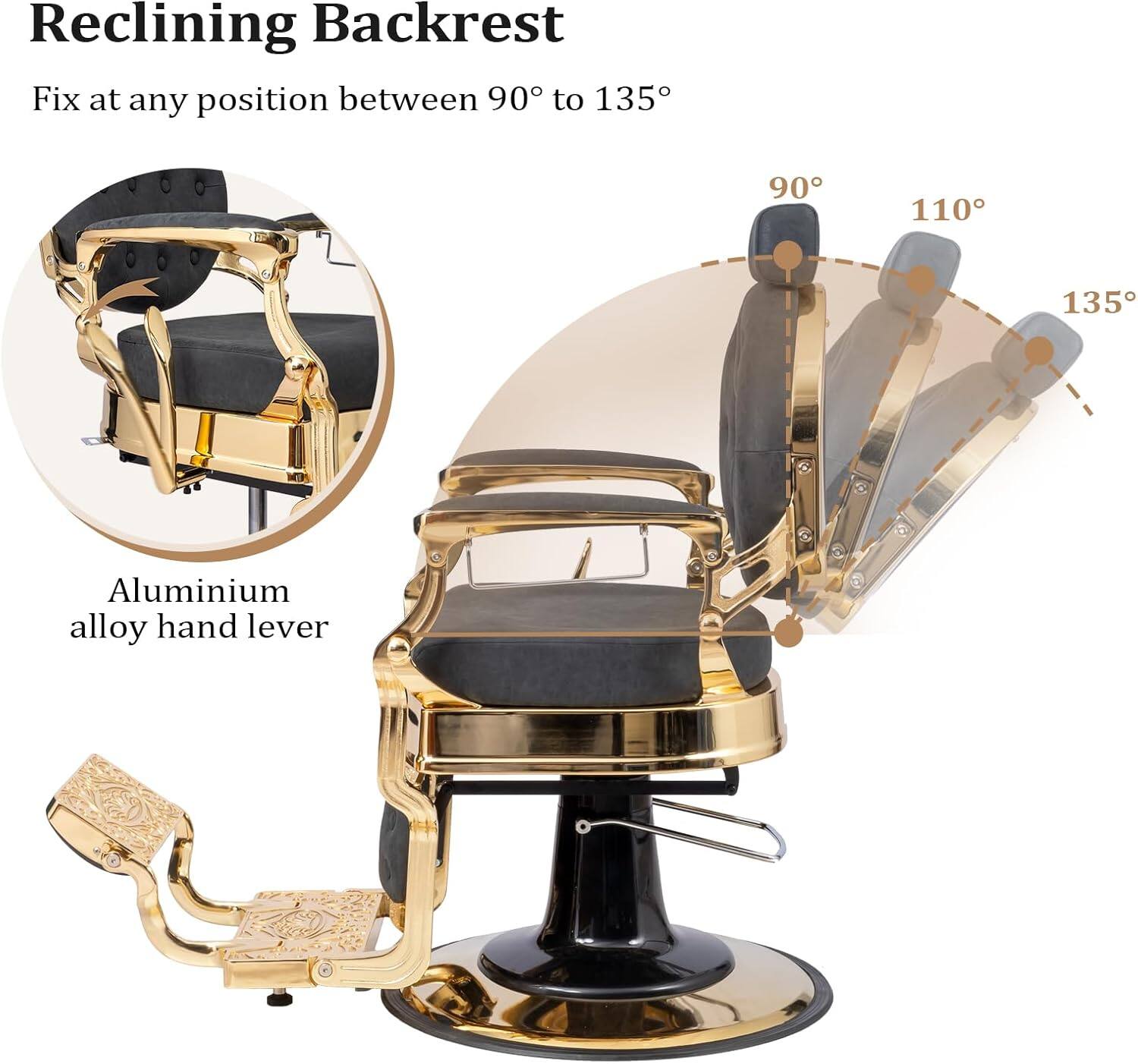 Reclining Backrest  
Fix at any position between 90° to 135°  

Aluminium alloy hand lever