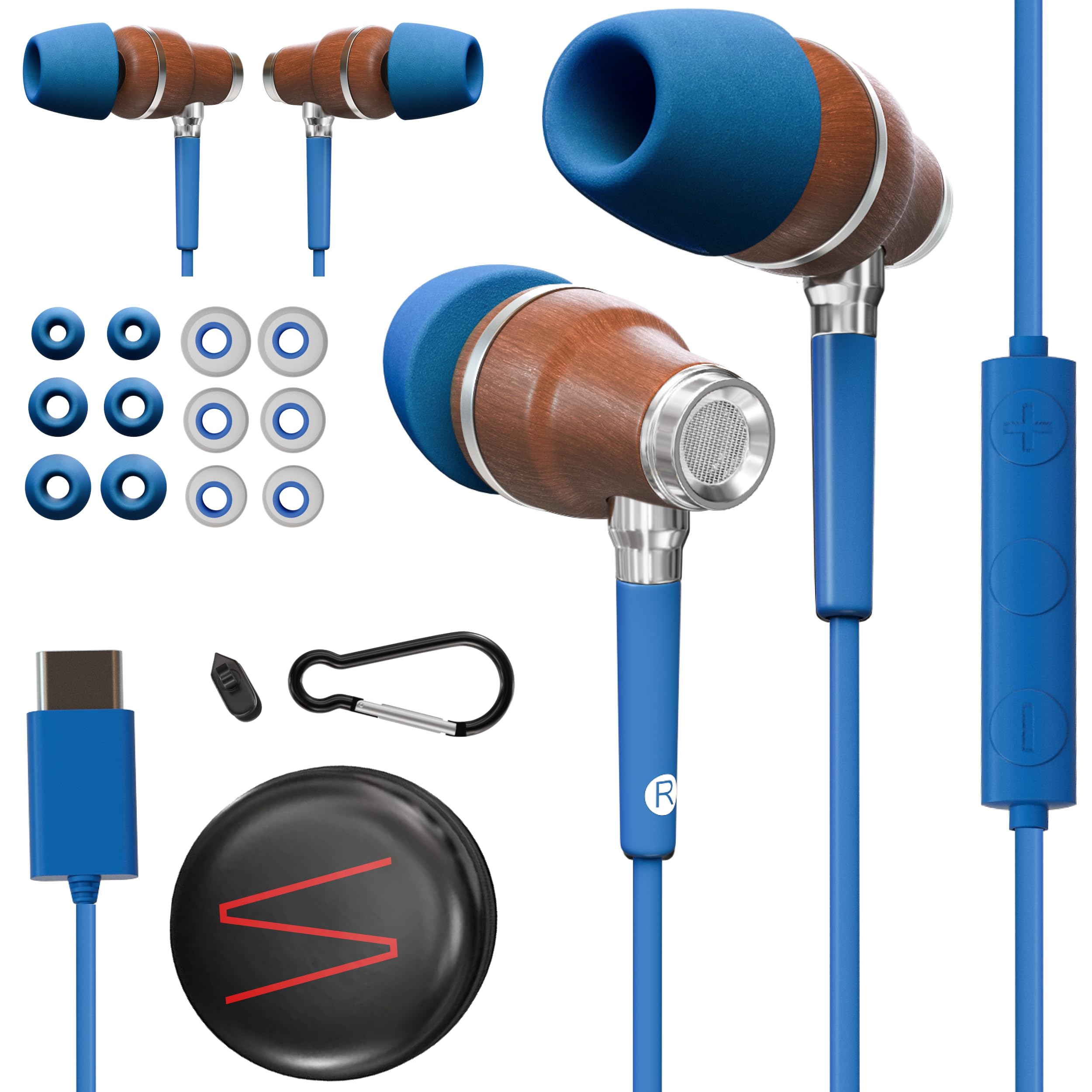 Front. VEGA AUTOMOTIVE - Wooden Earphones C Deep Bass Sound 3d Microphone Volume Control 90 Noise Cancelling For Type C Devices 15 - Harmony Blue USB-C (iPhone 15 to 17 & Android).
