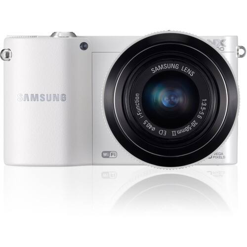 Front Standard. Samsung - 20.3 Megapixel Mirrorless Camera with Lens (Body with Lens Kit) - 20 mm-50 mm Lens - White.