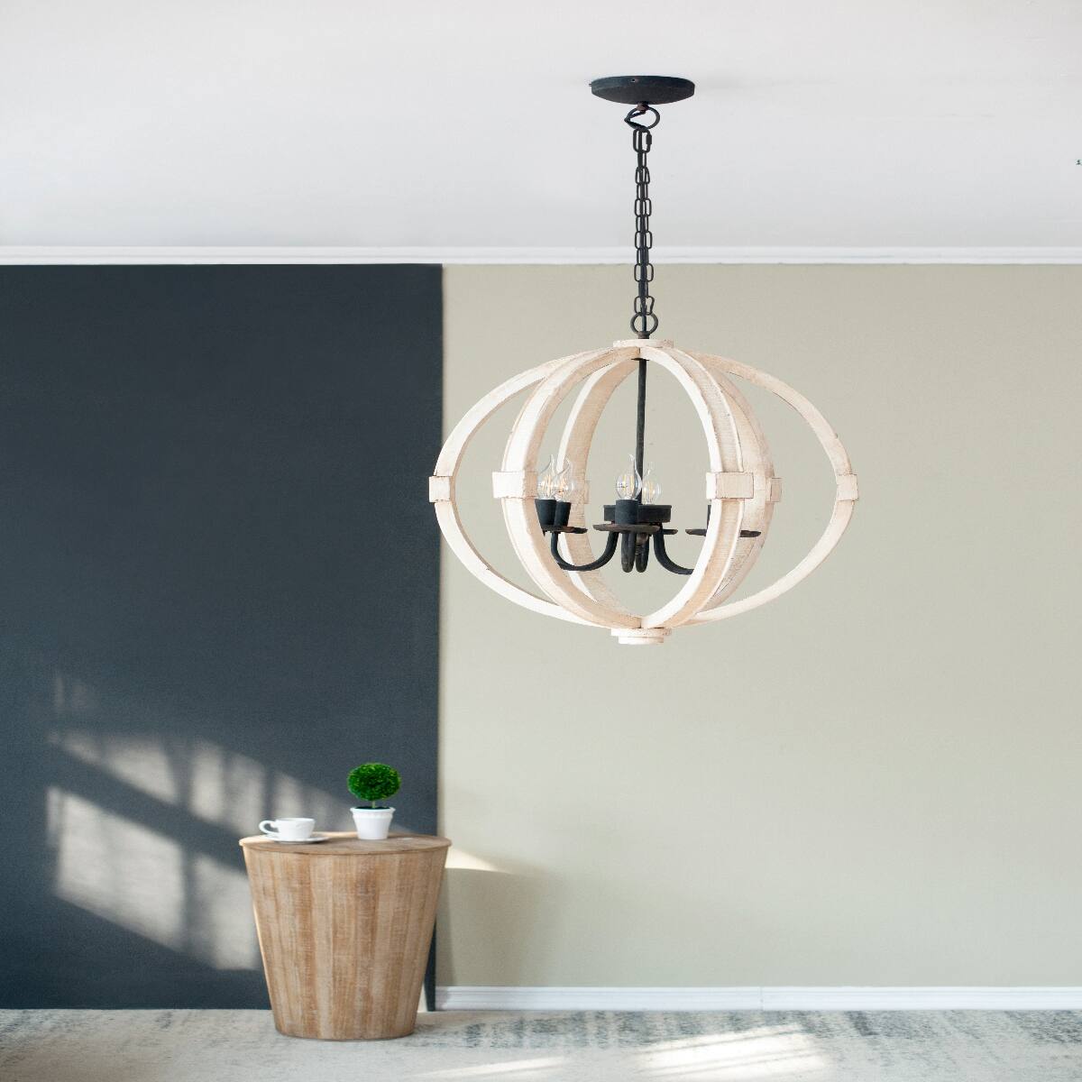 Alt View 1. Loheer - Loheer Six Light Wood Chandelier, Distressed White Finish, Adjustable Chain for Dining Room or Foyer.