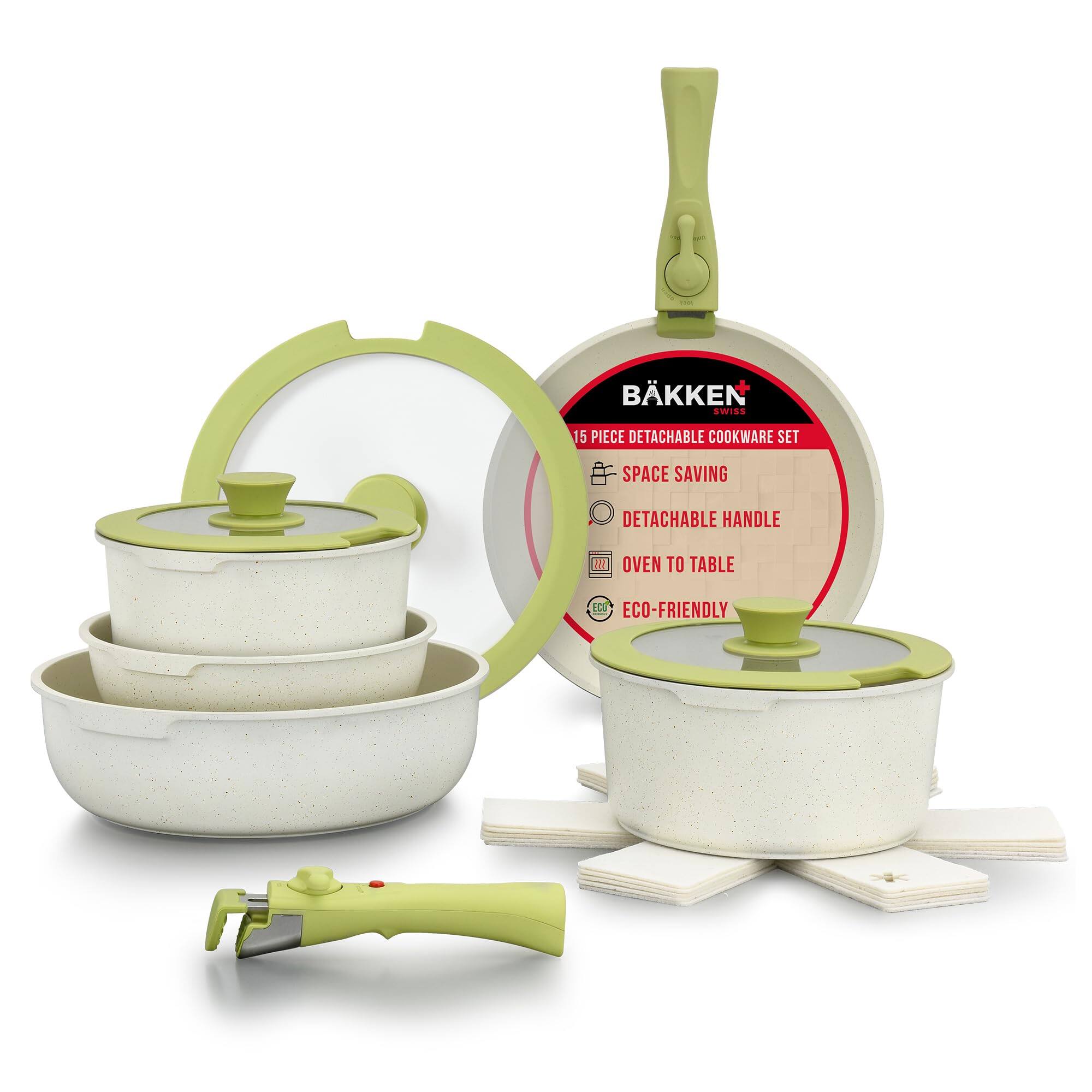 Bakken- Swiss - Pots and Pans Set Non Stick Ceramic-Granite – 15-Piece Cookware with Detachable Handles, Stackable Space-Saving, Dishwas - Green