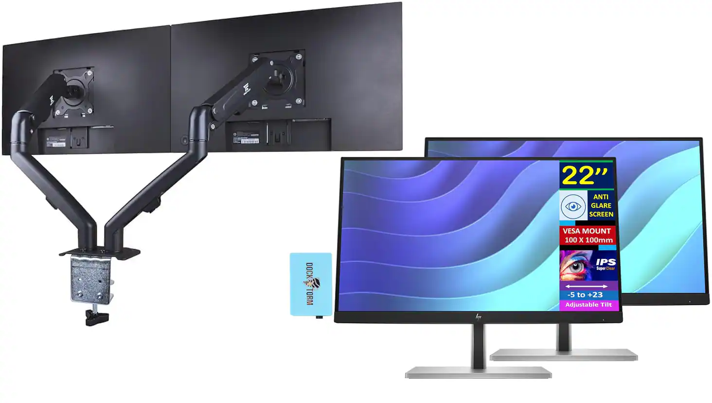 HP - E22 G5 22" FHD IPS Monitor, Anti-Glare, HDMI, (6N4E8AA#ABA) 2 Pack w/DKZ Hub & Ergoflexy Dual Mount Arm - Black/Silver