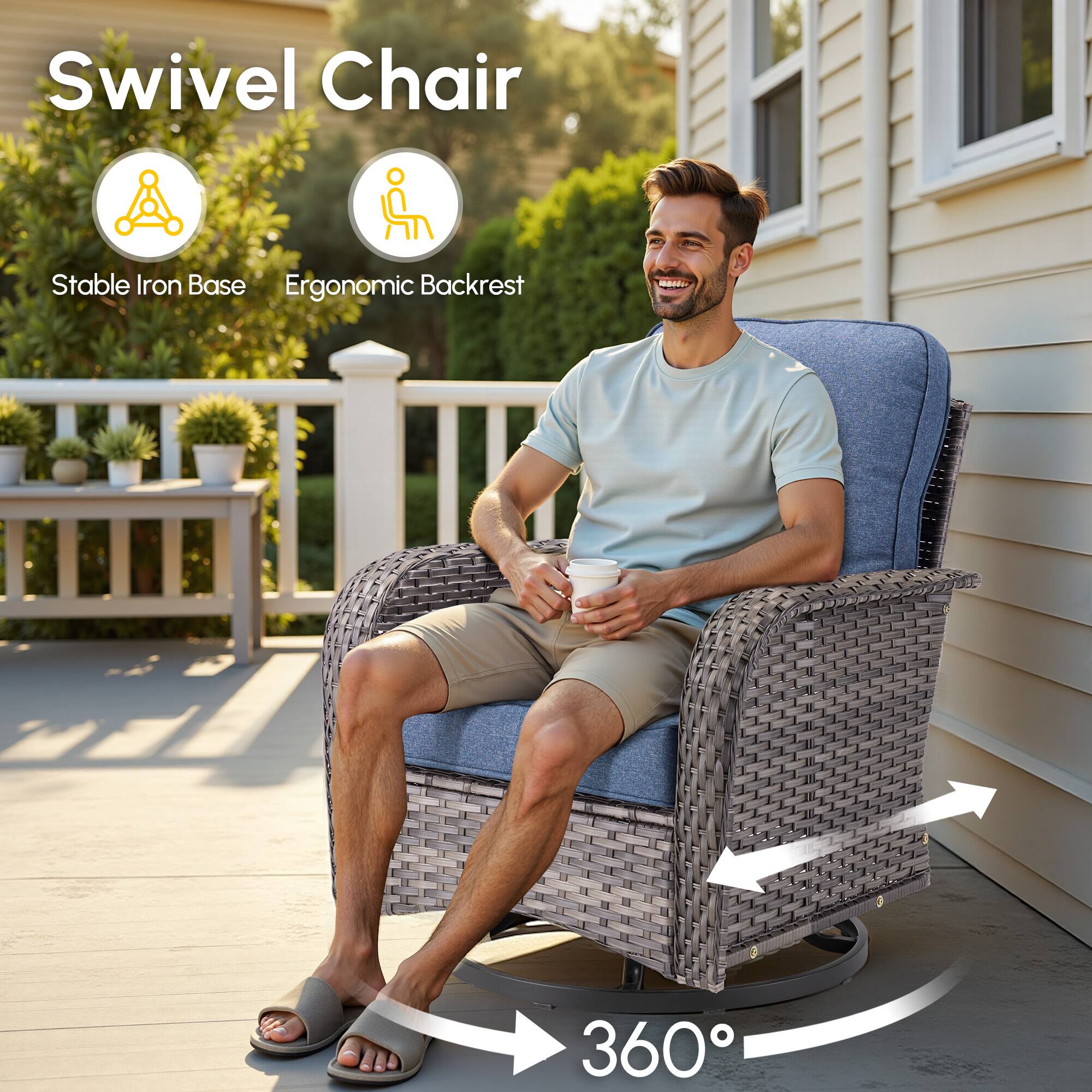 Swivel Chair  
Stable Iron Base  
Ergonomic Backrest  
360°
