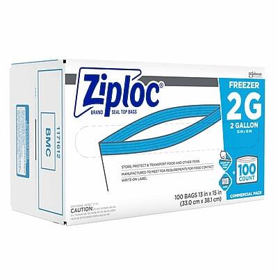BMC 1171612 F000

Ziploc®
FREEZER
2G
2 GALLON
REAL TOP BAGS

STORE, PROTECT & TRANSPORT FOOD AND OTHER ITEMS
WRITE-ON LABEL
FOR FOOD CONTACT
MEET FDA REQUIREMENTS

100 COUNT
100 BAGS 13 in X 15 in
(33.0 cm X 38.1 cm)
COMMERCIAL PACK

CAUTION: