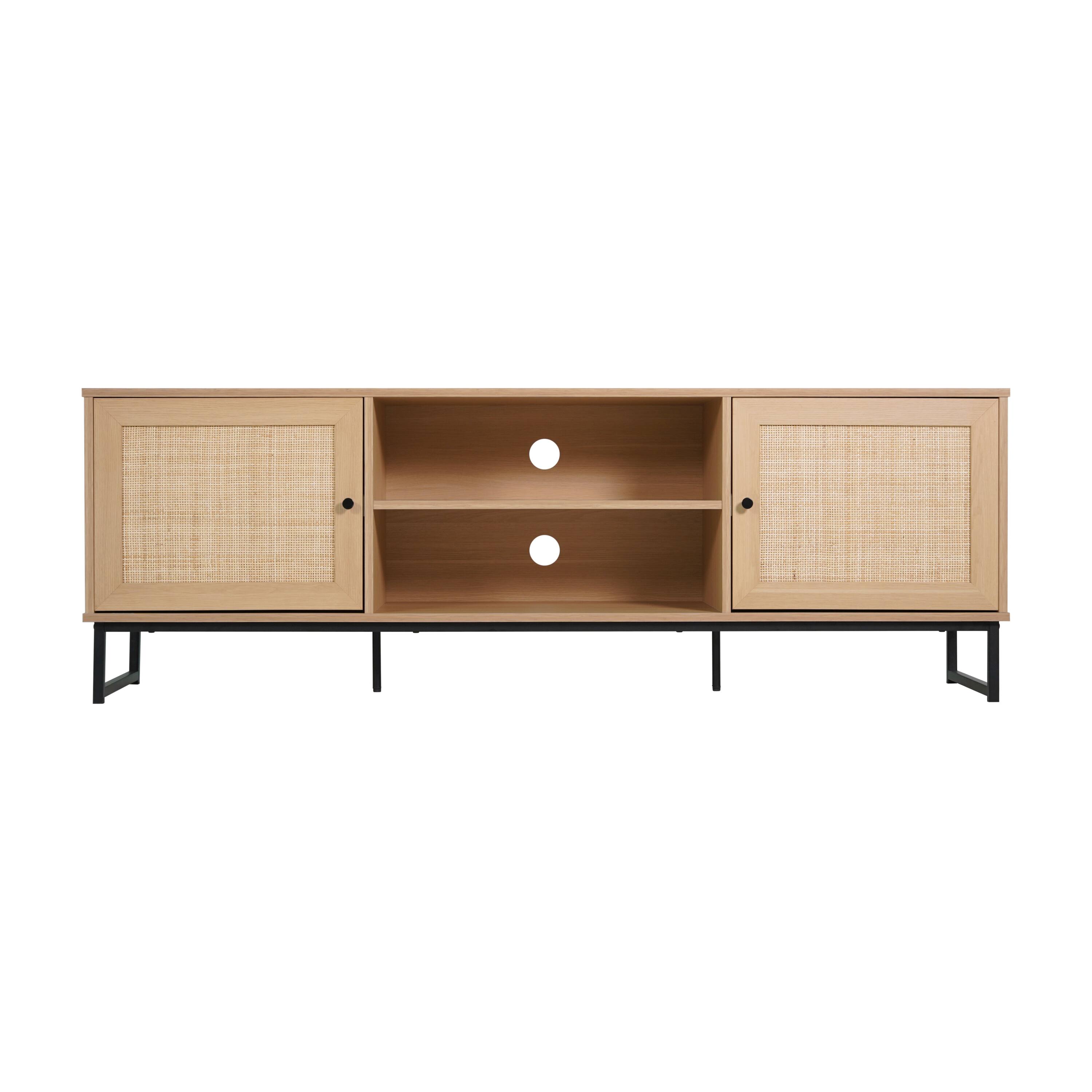 Angle. Flash Furniture - Malaki Mid-Century Modern 65 Inch TV Stand with 2 Rattan Soft Close Doors and Fixed Center Shelf, TV Stand for up to 70" - Brown.