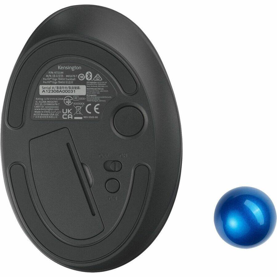 Kensington  
P/N: K72194  
M/N: M01678-T  
Pro Fit™ Ergo TB450 Trackball Pro  
Serial # A12308A00031  
Rating: 1.5V & 2mA  
R: XXX  
FCC ID: GY V01478-1  
CAET ID: **********  
Made in China  
www.kensington.com  
ACCO Brands USA LLC  
CA 903-5502-00  
GRF ON  
ON  
DPI