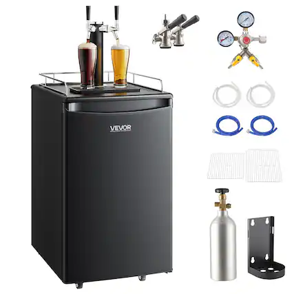Front. VEVOR - Beer Kegerator, Dual Tap Draft Beer Dispenser, Full Size Keg Refrigerator with CO2 Cylinder, Shelves, Drip Tray & Rail - Black.