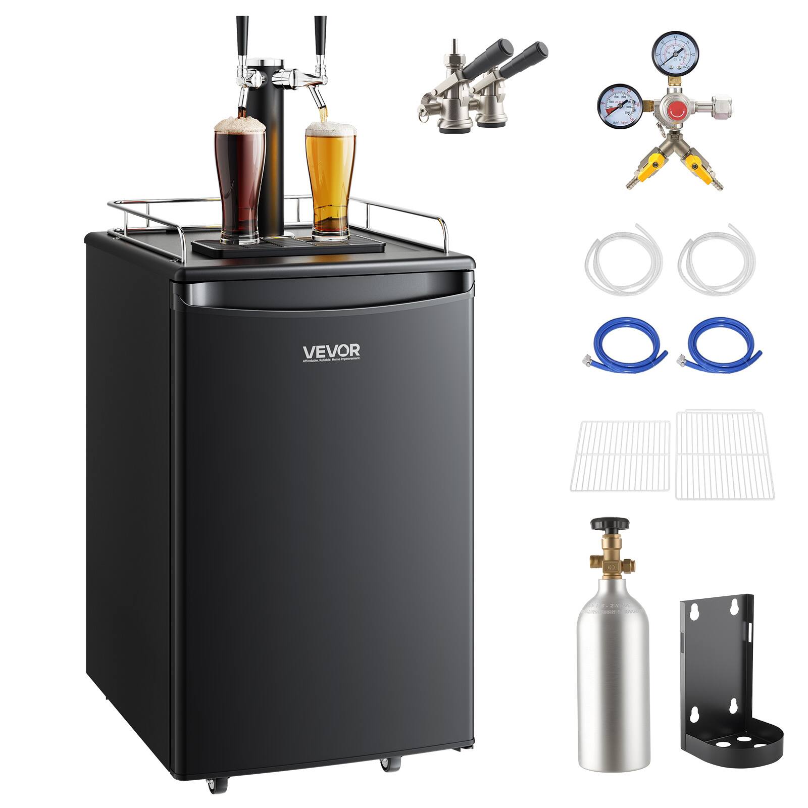 Front. VEVOR - Beer Kegerator, Dual Tap Draft Beer Dispenser, Full Size Keg Refrigerator with CO2 Cylinder, Shelves, Drip Tray & Rail - Black.