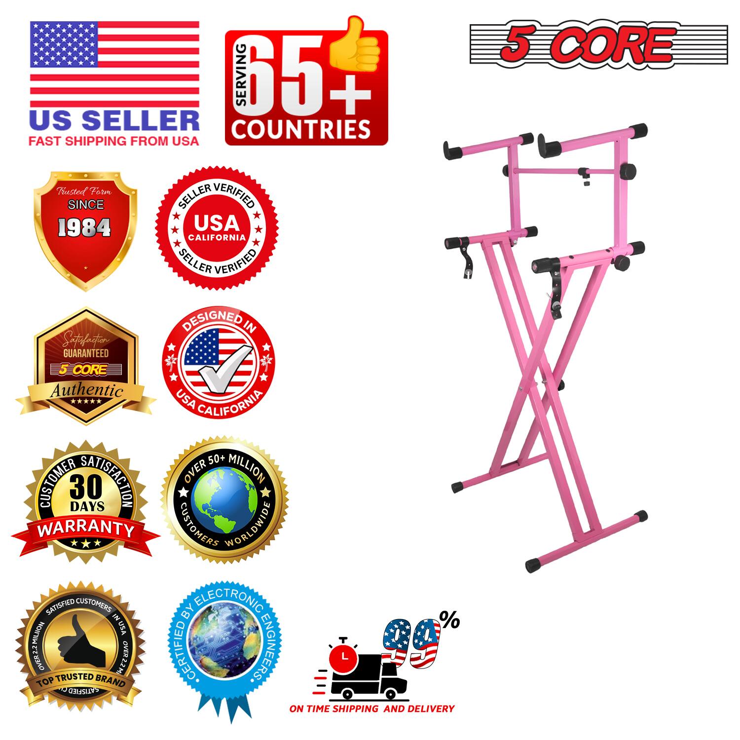 Sure, here is the corrected and grouped text from the image:

---

**US SELLER**  
FAST SHIPPING FROM USA

**SERVING 65+ COUNTRIES**

**5 CORE**

**TRUSTED SINCE 1984**

**SELLER VERIFIED**  
USA CALIFORNIA

**DESIGNED IN**  
USA CALIFORNIA

**AUTHENTIC**

**30 DAYS WARRANTY**

**OVER 50+ MILLION CUSTOMERS WORLDWIDE**

**SATISFIED CUSTOMERS**  
TOP TRUSTED BRAND

**CERTIFIED BY ELECTRONIC ENGINEERS**

**ON TIME SHIPPING AND DELIVERY**

**%**

---