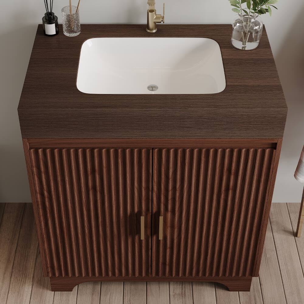 Back. Loheer - Loheer 30 inch freestanding bathroom vanity sintered stone countertop walnut plywood bathroom cabinet - Walnut.