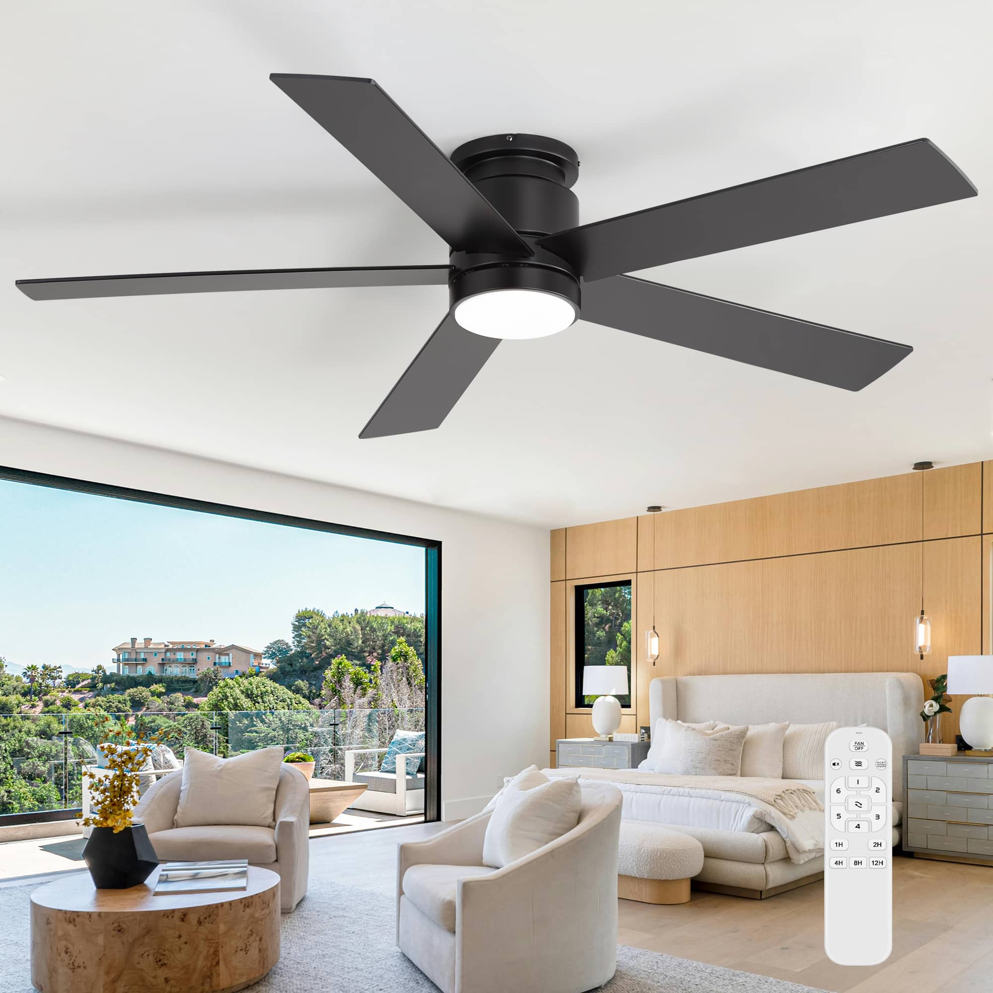 Front. Breezary - 42"/52" Flush Mount Low Profile Ceiling Fan with LED Light, 5 Blades, DC Motor, Remote Control and Timer, for Indoor Use - Black-52 in.