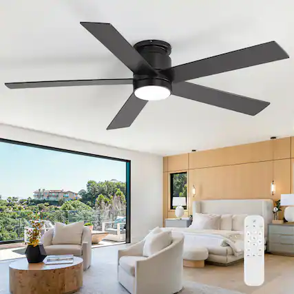 Front. Breezary - 42"/52" Flush Mount Low Profile Ceiling Fan with LED Light, 5 Blades, DC Motor, Remote Control and Timer, for Indoor Use - Black-52 in.
