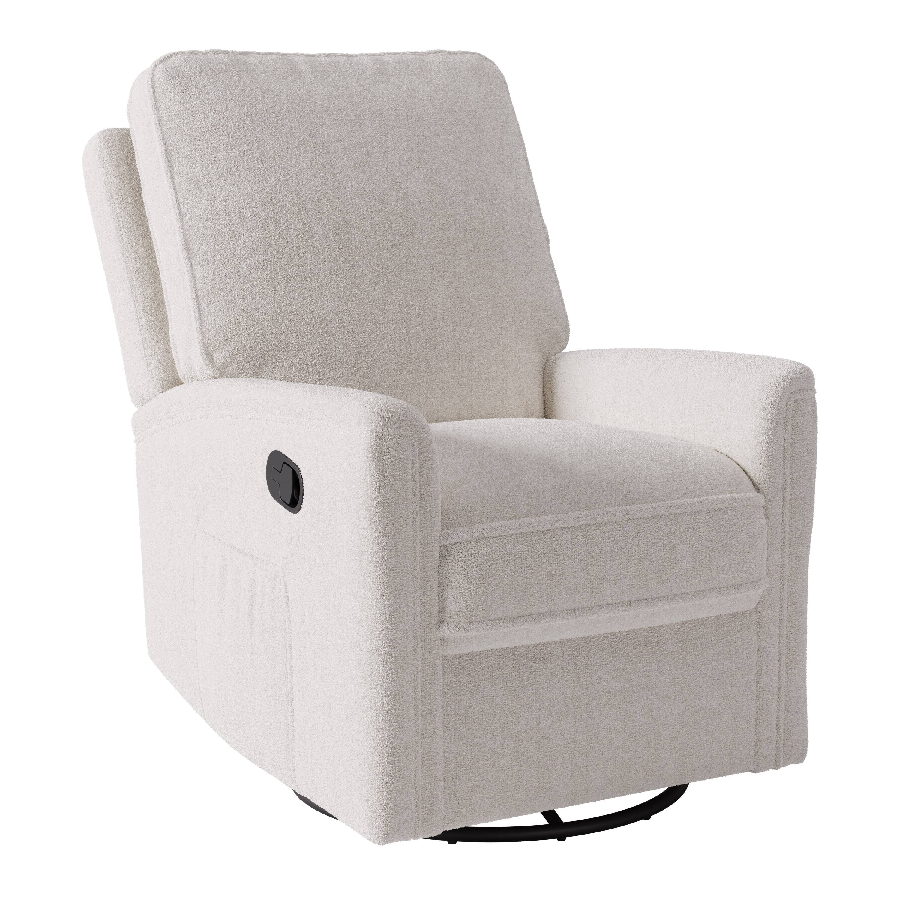 Angle. CorLiving - Jasmine Boucle Fabric Upholstered Plush Cushioned Glider Swivel Manual Indoor Recliner - White.