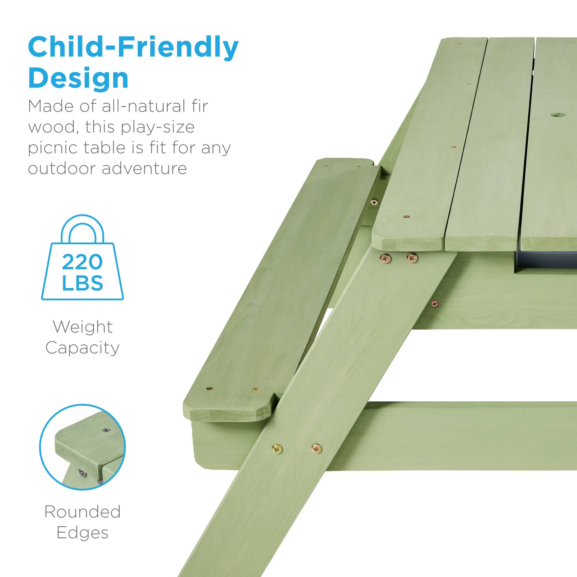 Child-Friendly Design  
Made of all-natural fir wood, this play-size picnic table is fit for any outdoor adventure  

220 LBS Weight Capacity  
Rounded Edges
