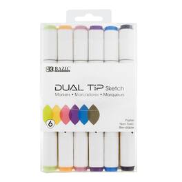 BAZIC Products - Dual Tip Sketch Markers 6 Pastel Colors - Gray, Blue, Lanvender, Pink, Salmon, Green