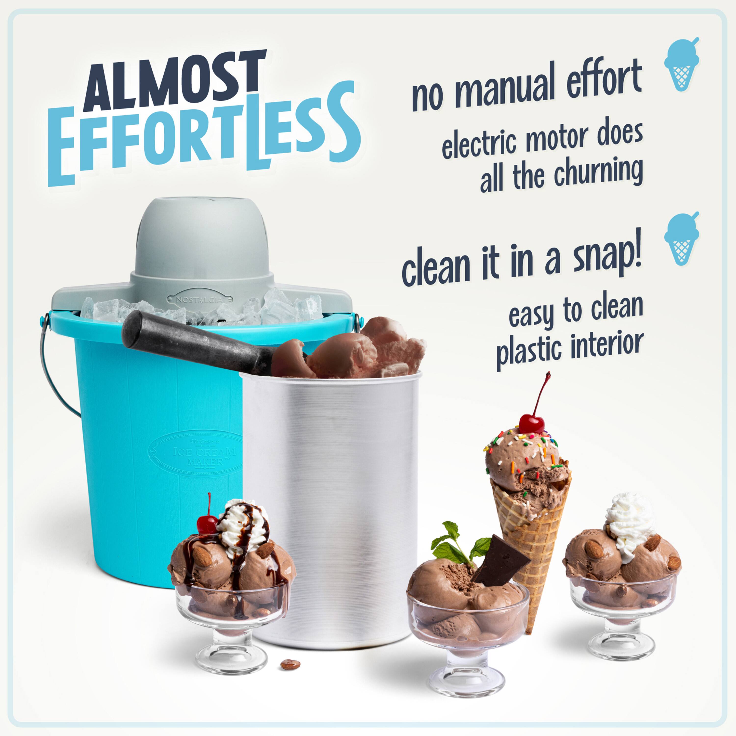 ALMOST EFFORTLESS

no manual effort  
electric motor does all the churning

clean it in a snap!  
easy to clean plastic interior