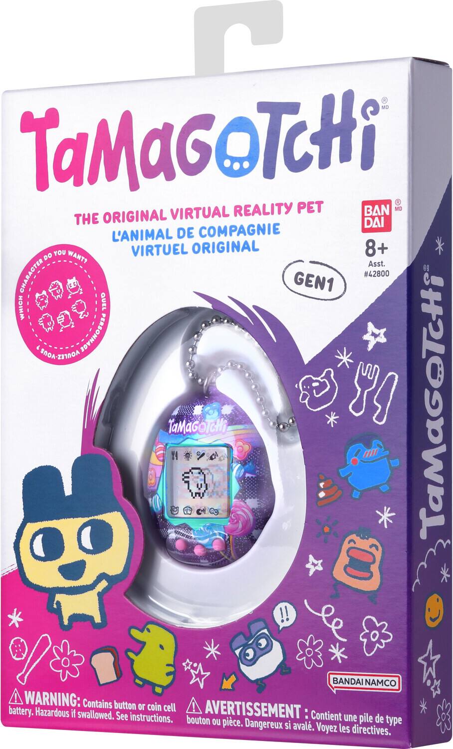TaMaGoTcHi  
THE ORIGINAL VIRTUAL REALITY PET  
L'ANIMAL DE COMPAGNIE VIRTUEL ORIGINAL  
8+  
Asst. #42800 GEN1  
BANDAI NAMCO  

WARNING: Contains button or coin cell battery. Hazardous if swallowed. See instructions.  
AVERTISSEMENT : Contient une pile de bouton ou pièce. Dangereux si avalé. Voyez les directives.