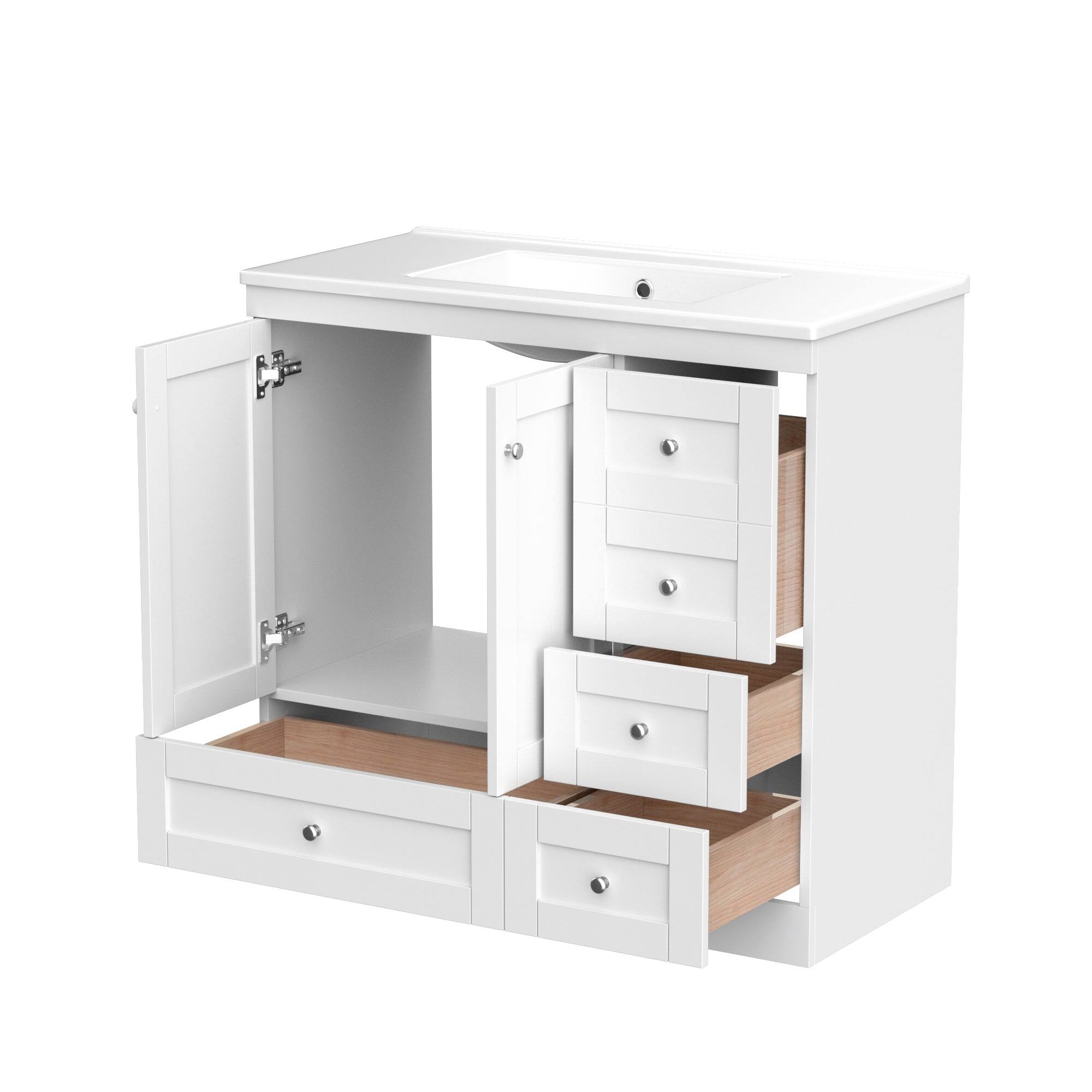 Angle. Boyel Living - 36 Inch Shaker Style Bathroom Vanity with Ceramic Sink 4 Soft Close Drawers 2 Soft Close Doors Free Standing Cabinet - Gray.