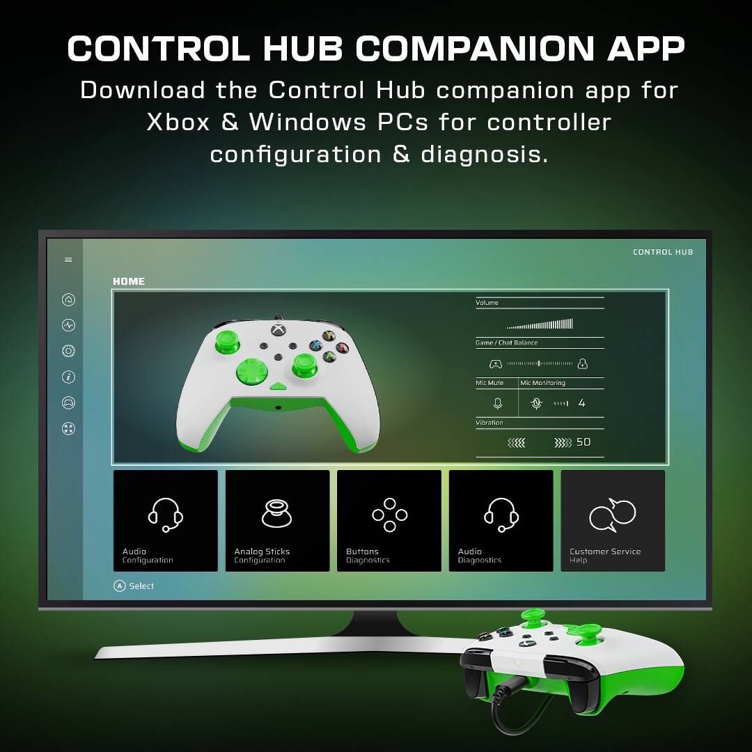 Control Hub Companion App: Download the Control Hub companion app for Xbox & Windows PCs for controller configuration & diagnosis. Control Hub Home: Volume, Balance, and Monitoring Visibility. 50 Audio Configuration: Analog Sticks Configuration, Buttons Diagnostics, Audio Diagnostics, Customer Service Help.